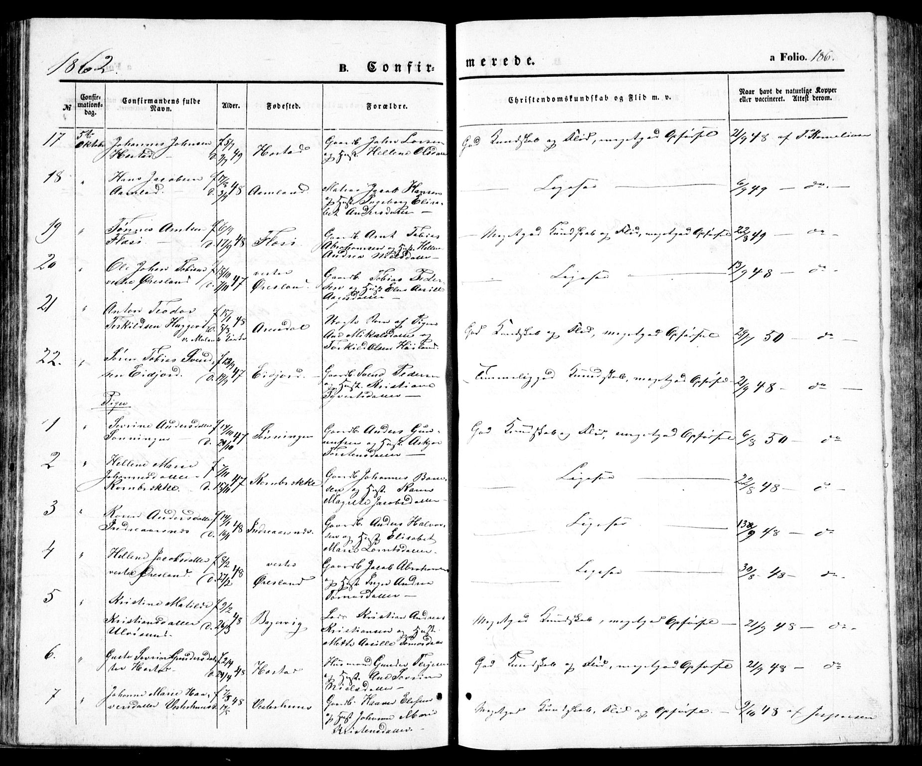 Høvåg sokneprestkontor, SAK/1111-0025/F/Fb/L0002: Parish register (copy) no. B 2, 1847-1869, p. 186