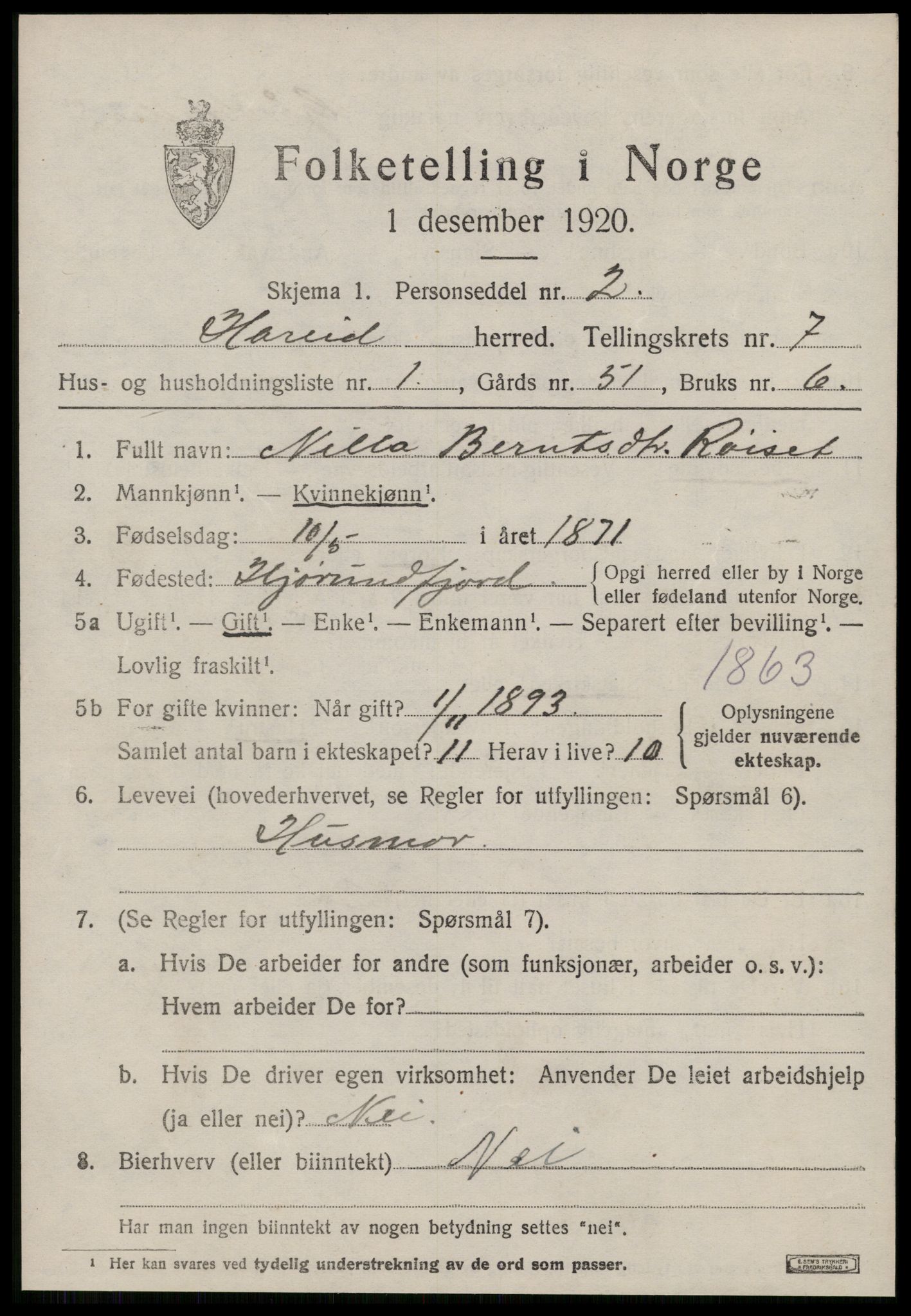 SAT, 1920 census for Hareid, 1920, p. 2495