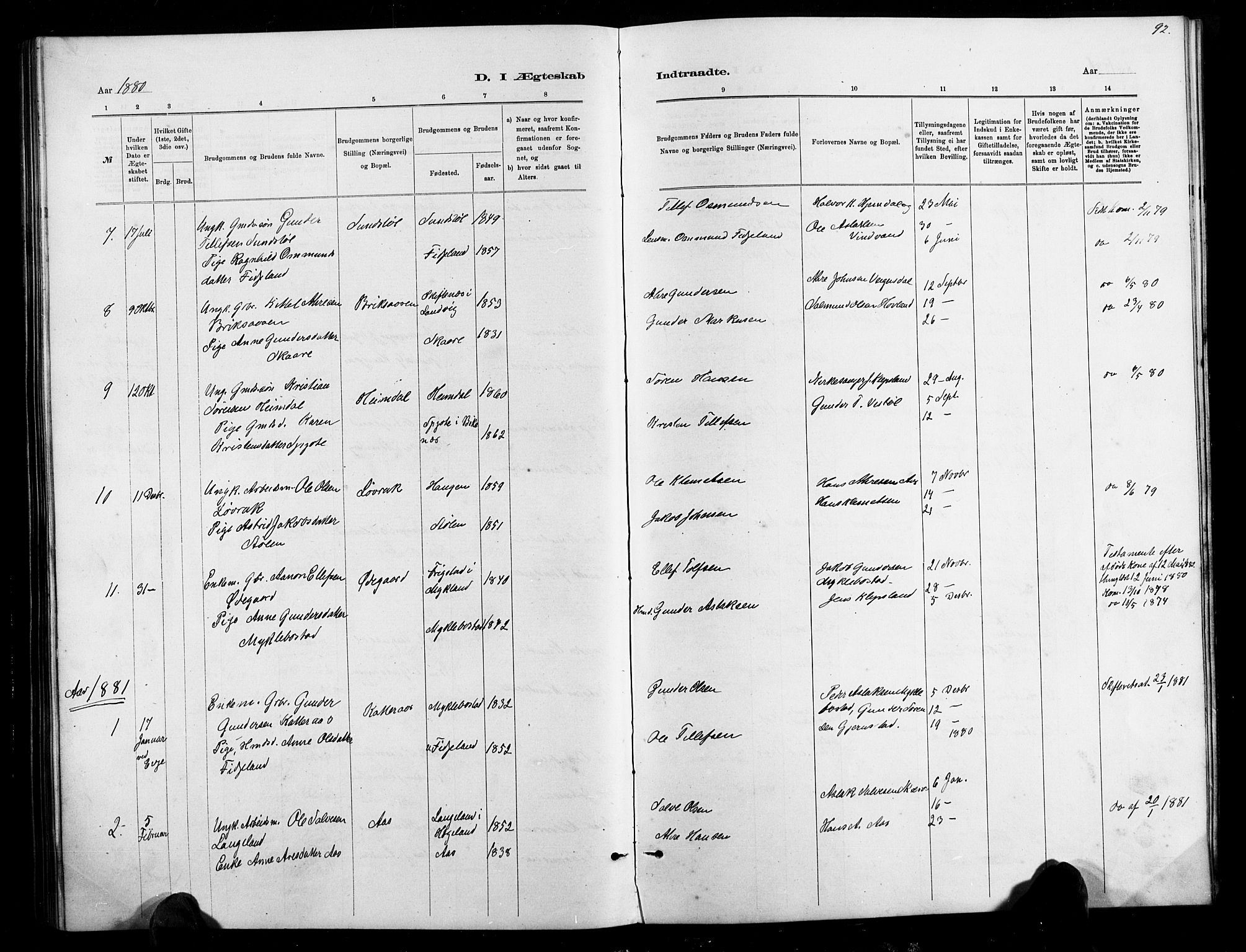 Herefoss sokneprestkontor, AV/SAK-1111-0019/F/Fb/Fbb/L0002: Parish register (copy) no. B 2, 1879-1894, p. 92