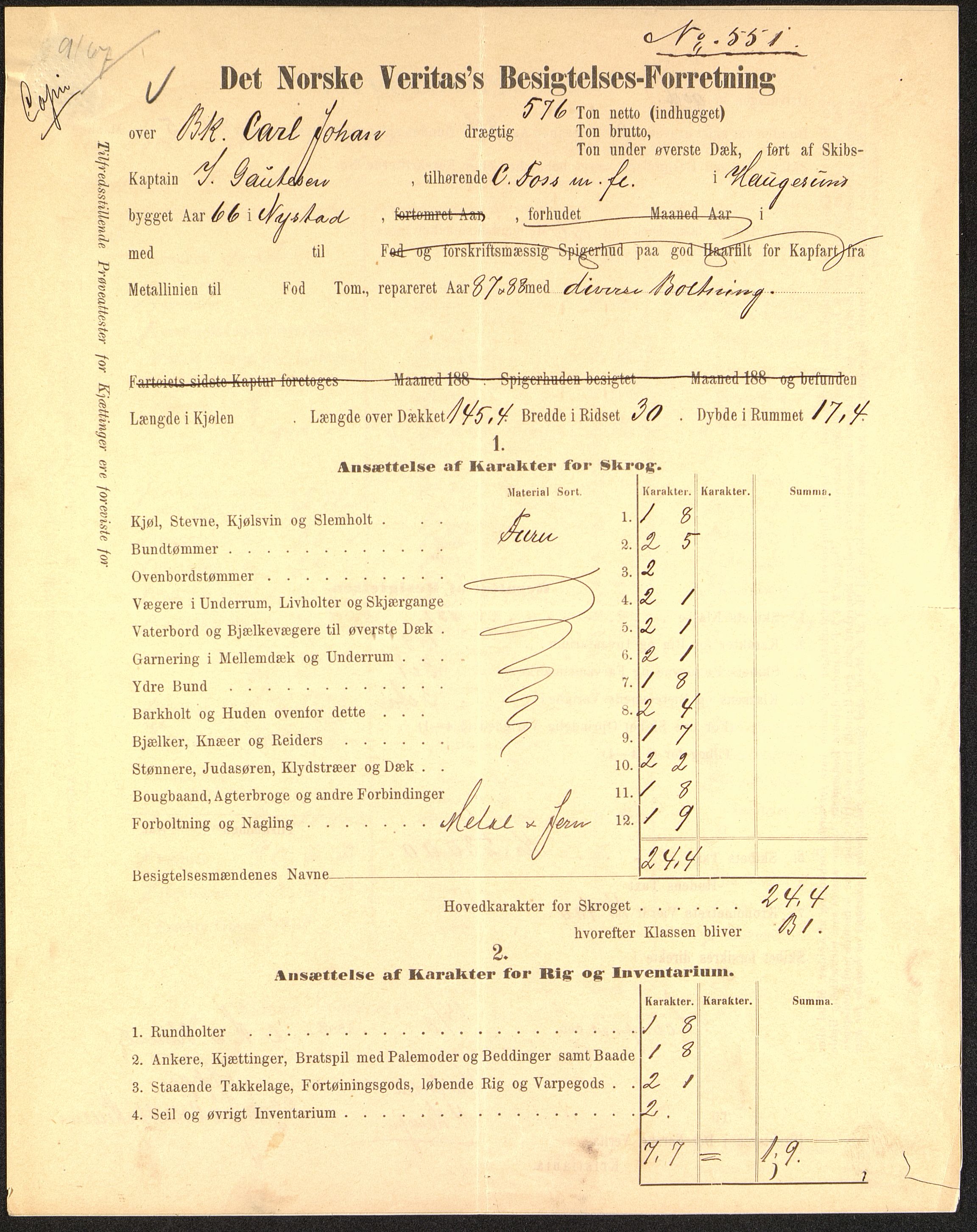 Pa 63 - Østlandske skibsassuranceforening, VEMU/A-1079/G/Ga/L0023/0001: Havaridokumenter / Carl Johan, Titania, Norrøna, Thor, Try, Louise, 1888, p. 2