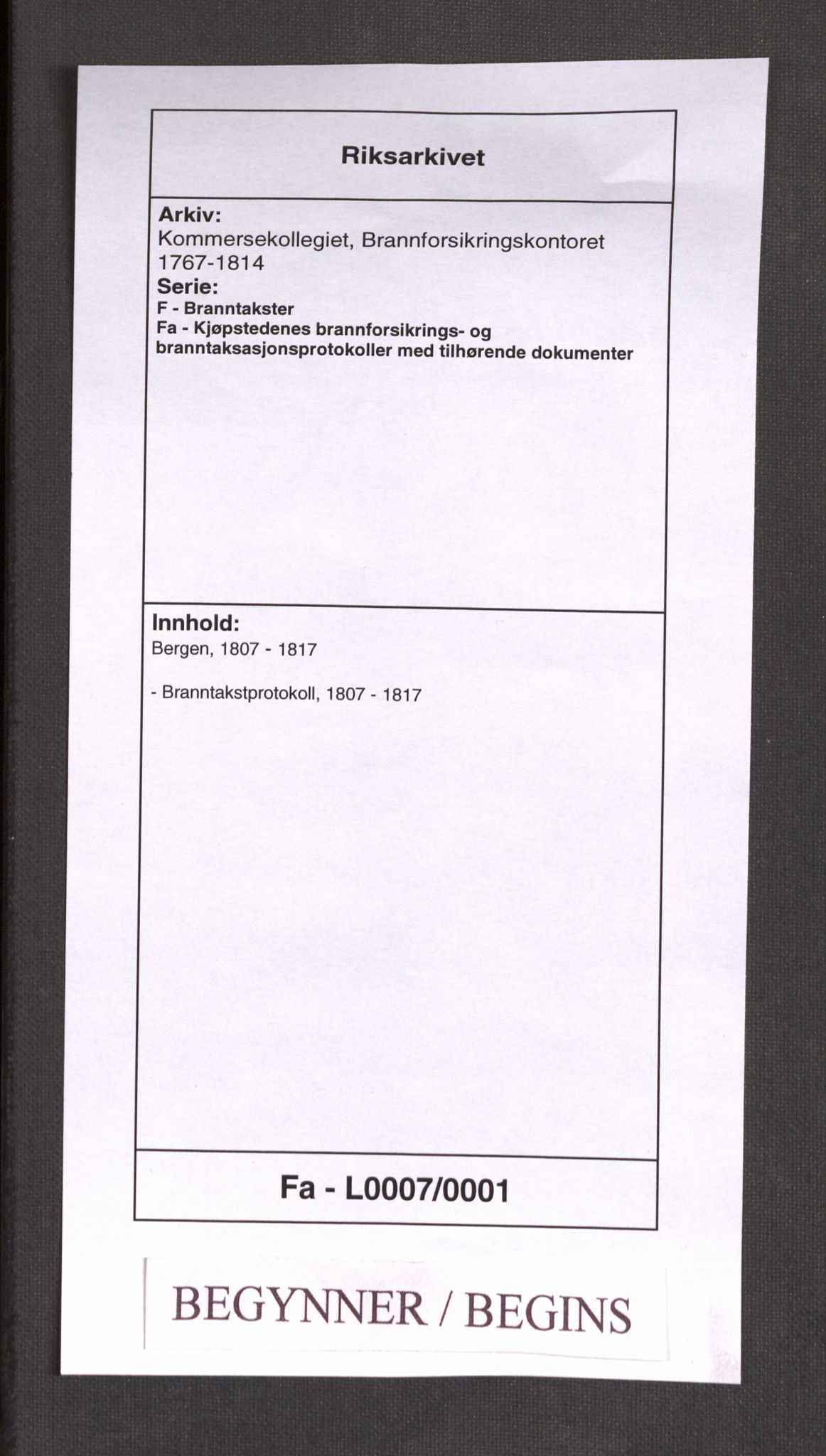 Kommersekollegiet, Brannforsikringskontoret 1767-1814, AV/RA-EA-5458/F/Fa/L0007/0001: Bergen / Branntakstprotokoll, 1807-1817