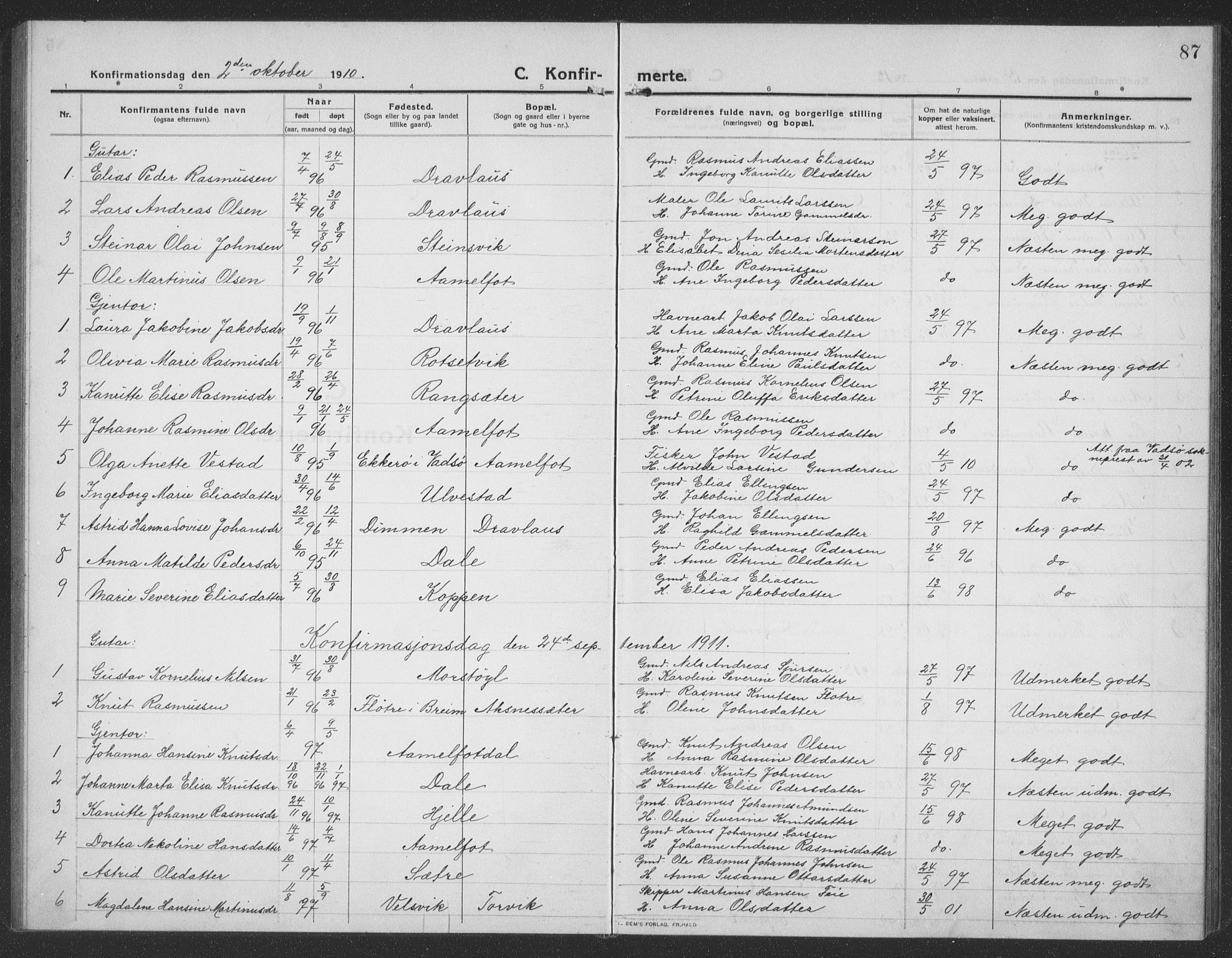 Ministerialprotokoller, klokkerbøker og fødselsregistre - Møre og Romsdal, AV/SAT-A-1454/512/L0169: Parish register (copy) no. 512C01, 1910-1935, p. 87