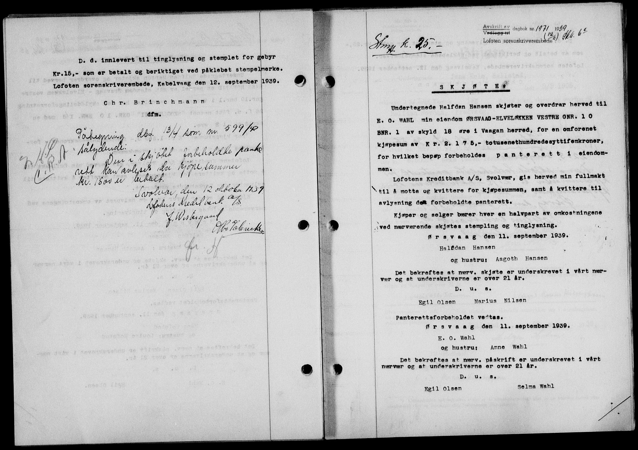 Lofoten sorenskriveri, SAT/A-0017/1/2/2C/L0006a: Mortgage book no. 6a, 1939-1939, Diary no: : 1971/1939