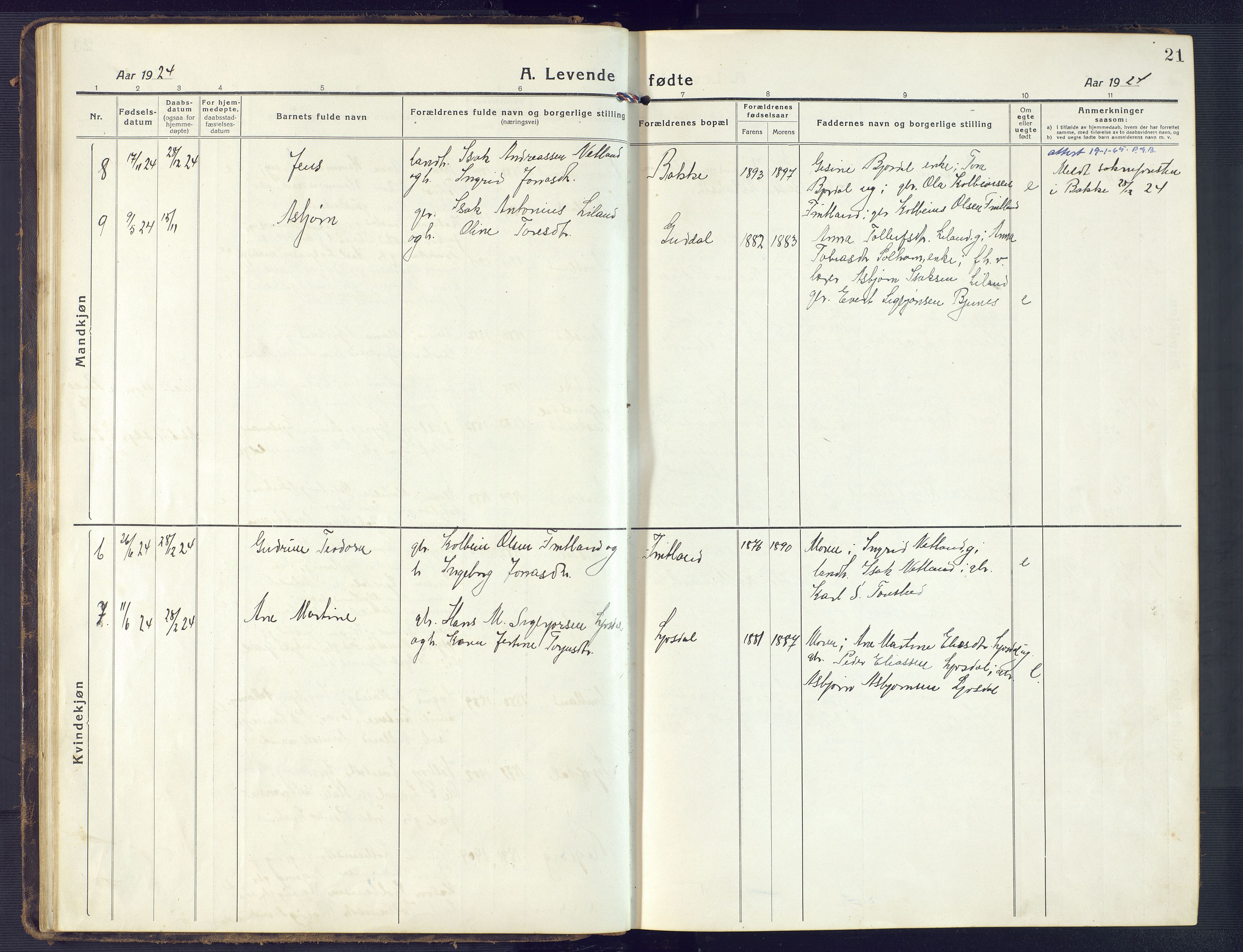 Sirdal sokneprestkontor, AV/SAK-1111-0036/F/Fb/Fbb/L0005: Parish register (copy) no. B 5, 1916-1960, p. 21