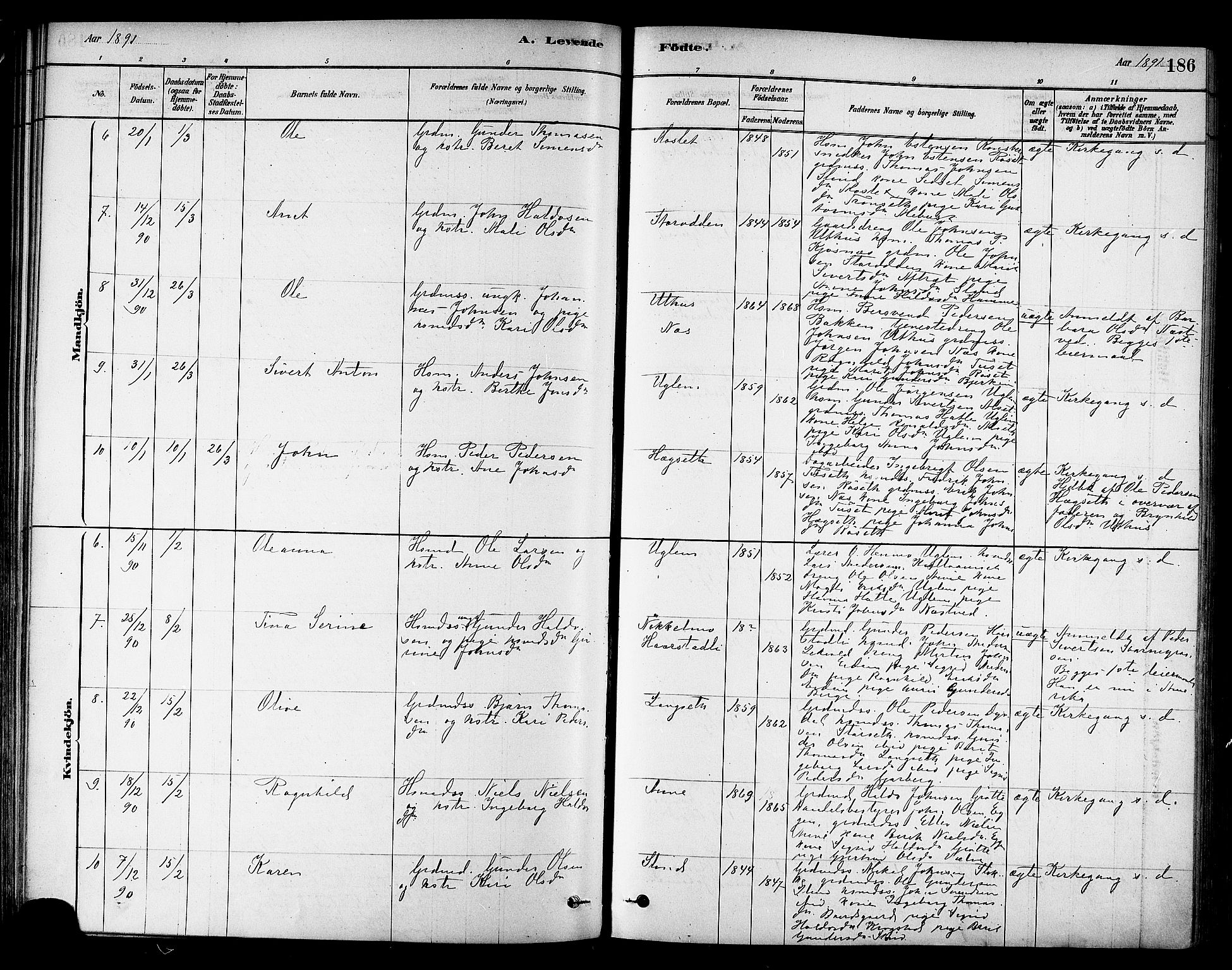 Ministerialprotokoller, klokkerbøker og fødselsregistre - Sør-Trøndelag, SAT/A-1456/695/L1148: Parish register (official) no. 695A08, 1878-1891, p. 186