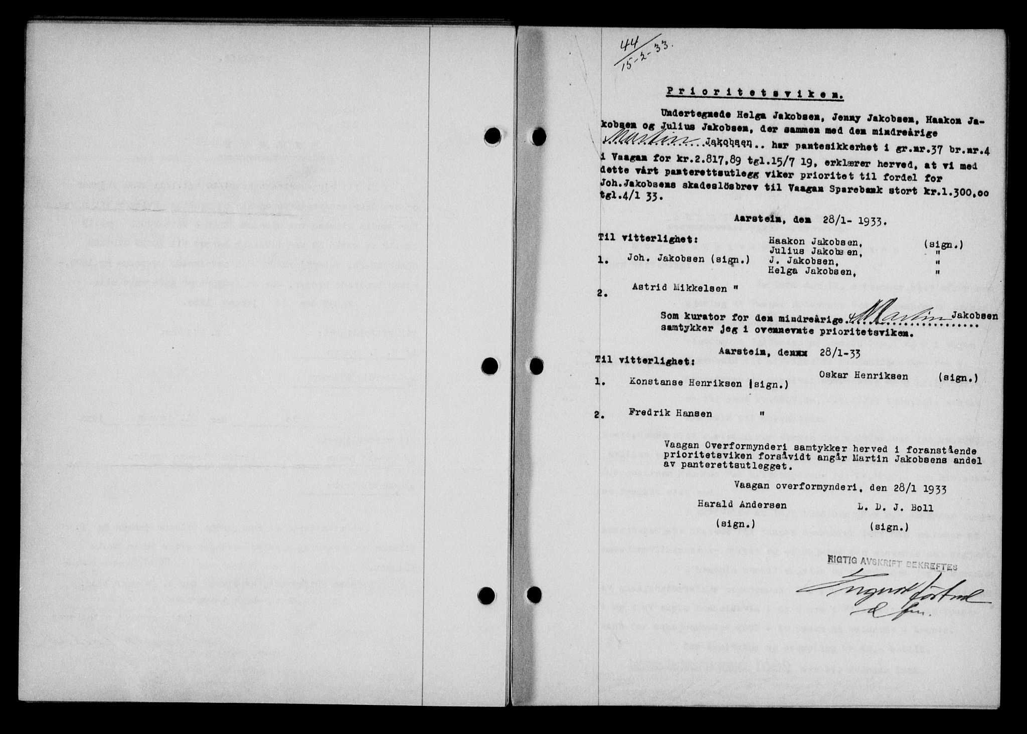 Lofoten sorenskriveri, SAT/A-0017/1/2/2C/L0027b: Mortgage book no. 27b, 1933-1933, Deed date: 15.02.1933