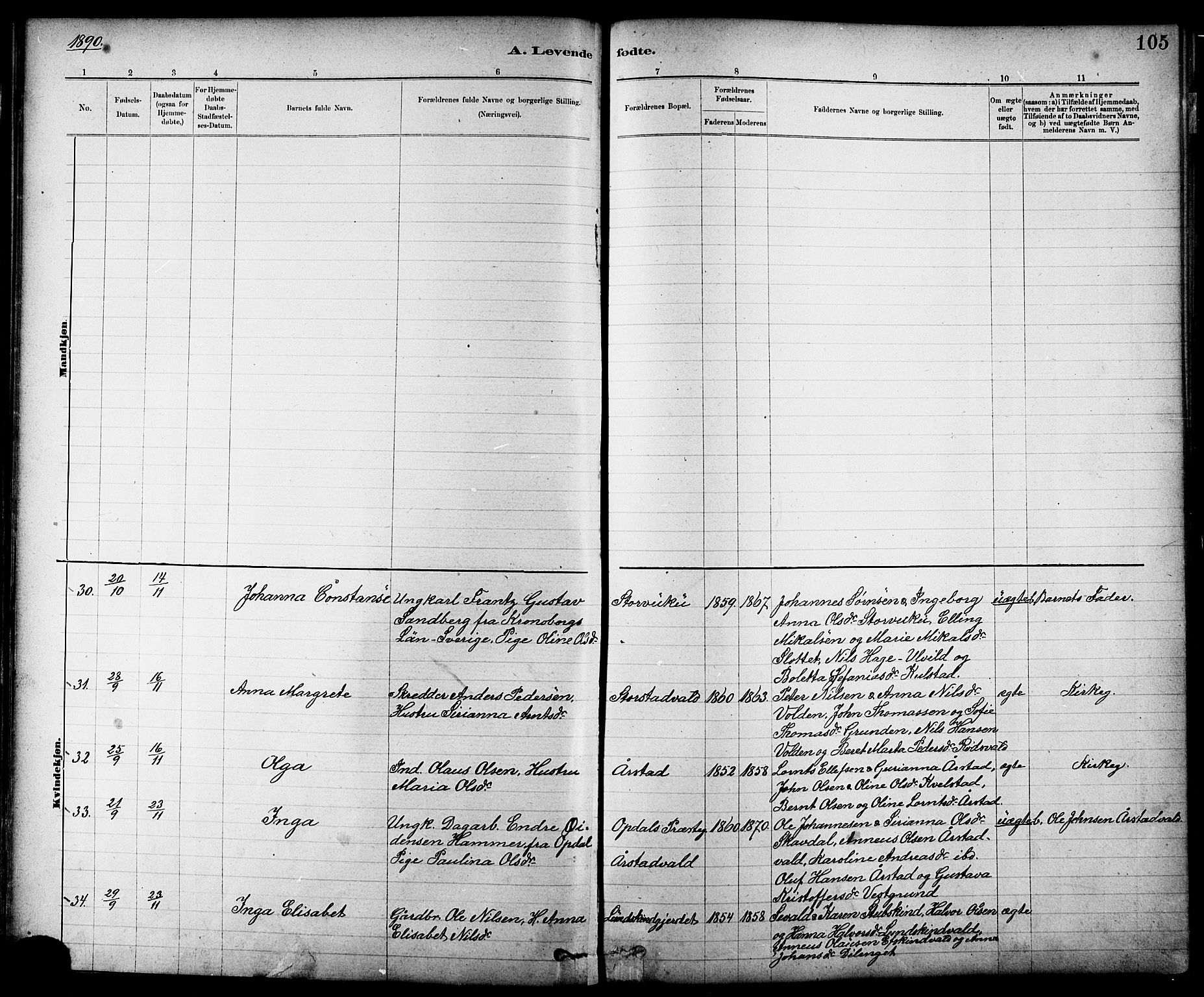 Ministerialprotokoller, klokkerbøker og fødselsregistre - Nord-Trøndelag, SAT/A-1458/724/L0267: Parish register (copy) no. 724C03, 1879-1898, p. 105