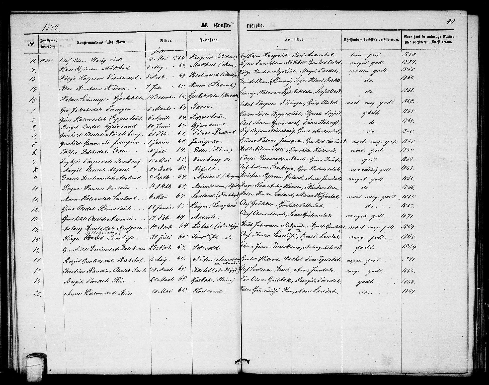 Seljord kirkebøker, AV/SAKO-A-20/G/Ga/L0004: Parish register (copy) no. I 4, 1873-1886, p. 90