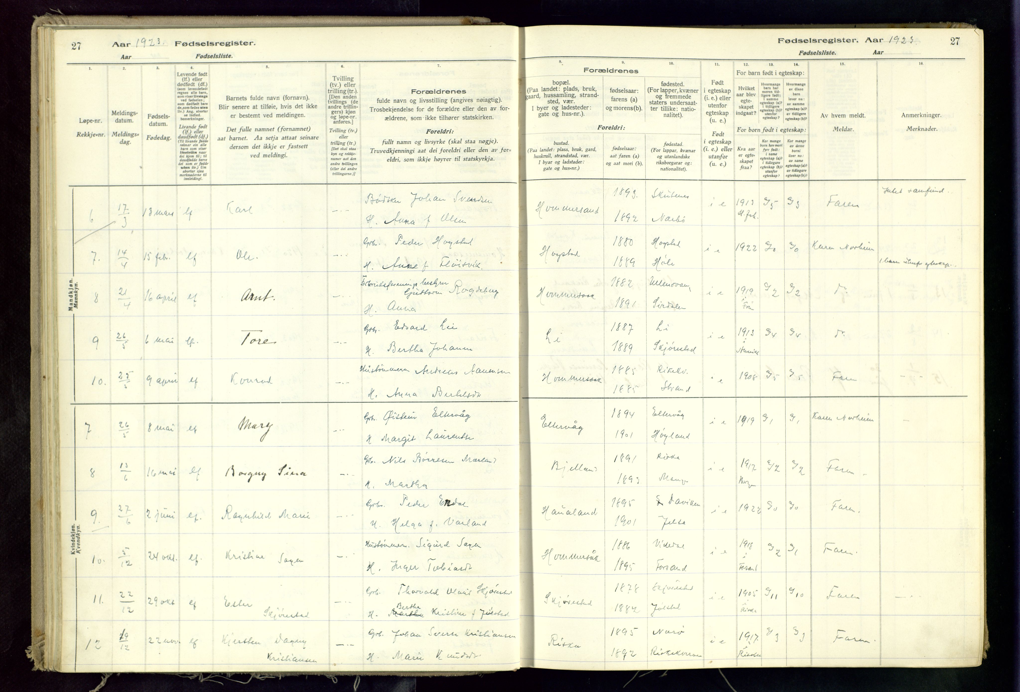 Hetland sokneprestkontor, AV/SAST-A-101826/70/704BA/L0002: Birth register no. 2, 1916-1968, p. 27