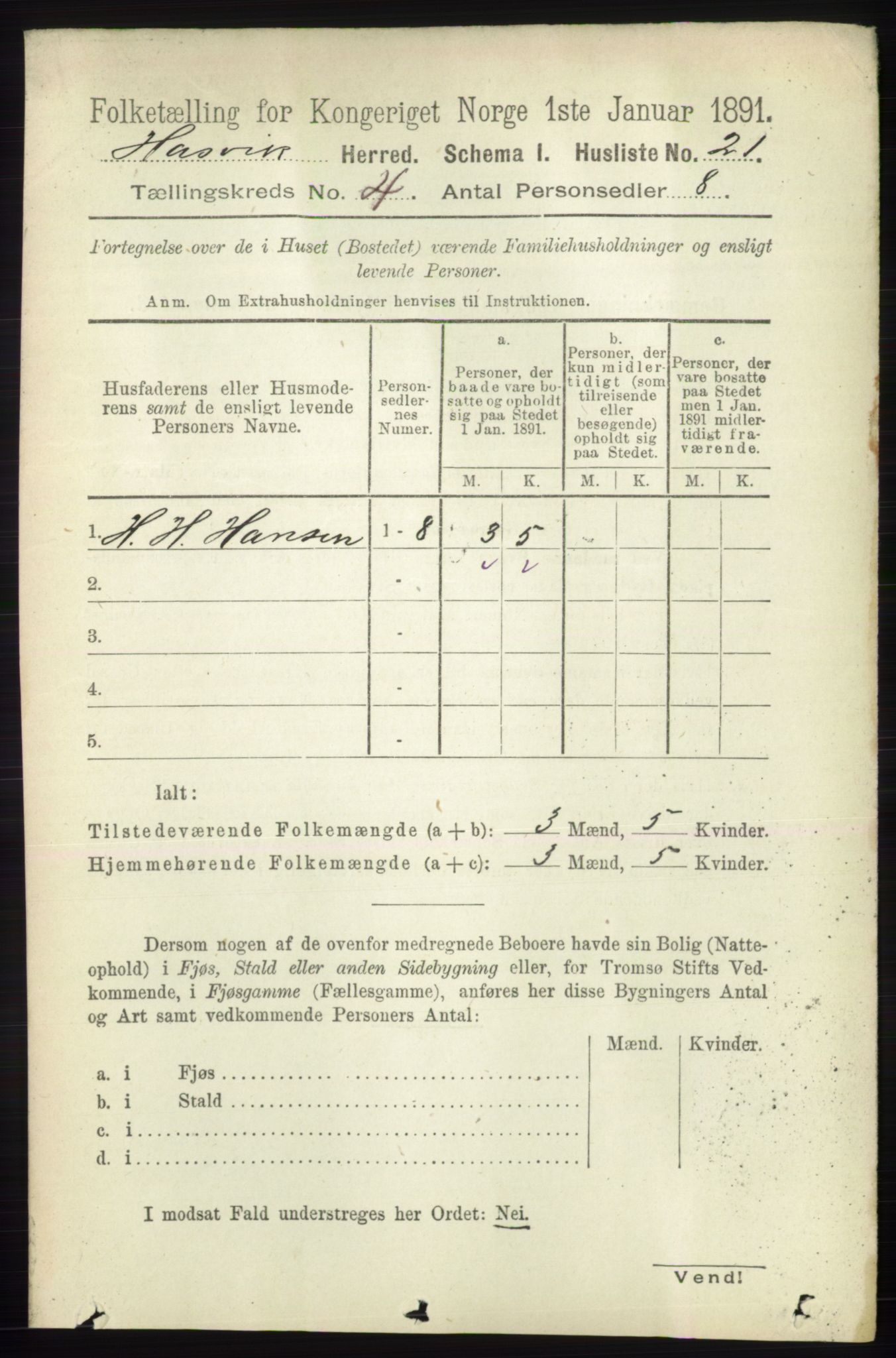 RA, 1891 census for 2015 Hasvik, 1891, p. 486