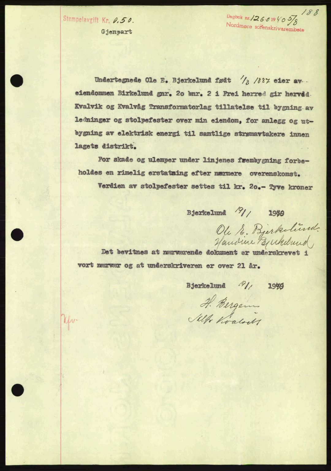 Nordmøre sorenskriveri, AV/SAT-A-4132/1/2/2Ca: Mortgage book no. B87, 1940-1941, Diary no: : 1260/1940