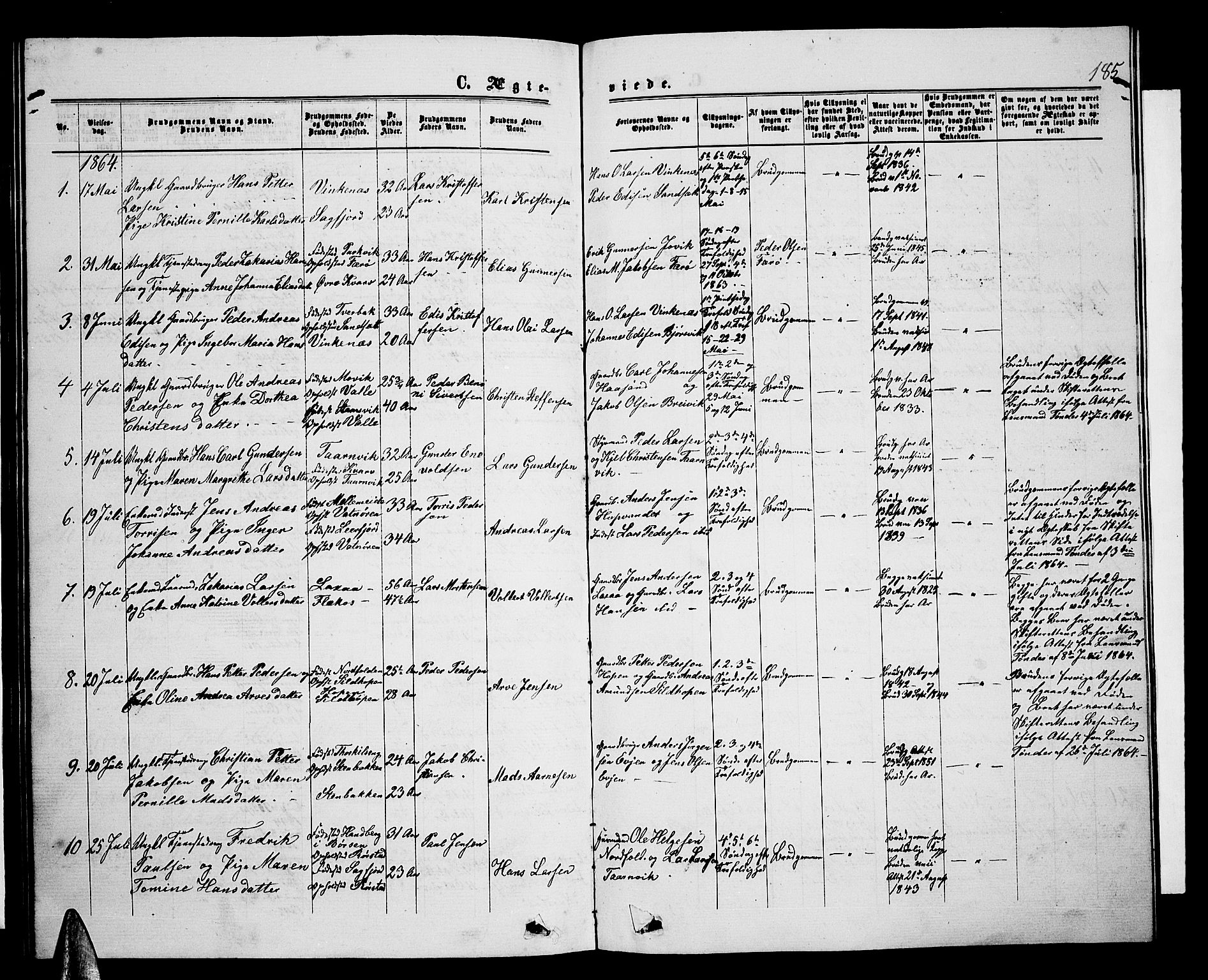 Ministerialprotokoller, klokkerbøker og fødselsregistre - Nordland, AV/SAT-A-1459/853/L0775: Parish register (copy) no. 853C03, 1859-1877, p. 185