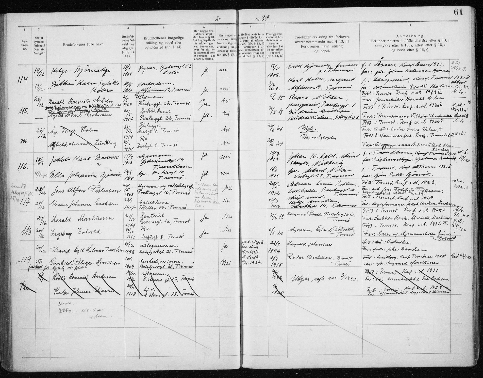 Tromsø sokneprestkontor/stiftsprosti/domprosti, AV/SATØ-S-1343/H/Hc/L0101: Banns register no. 101, 1933-1943, p. 61