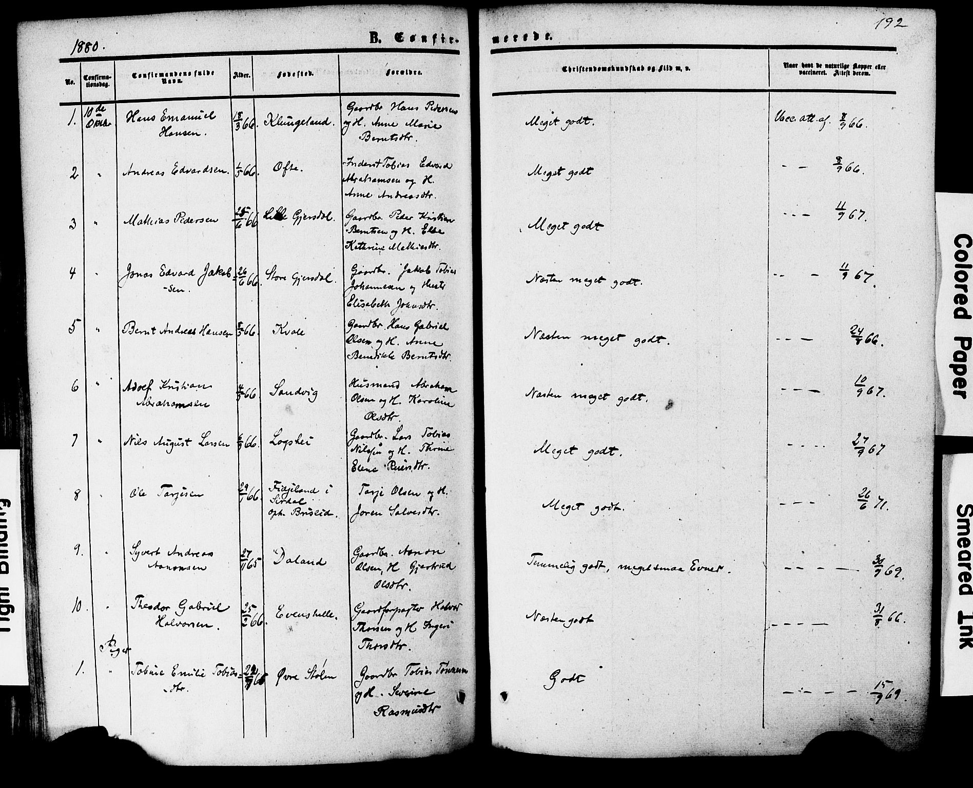 Herad sokneprestkontor, SAK/1111-0018/F/Fa/Faa/L0005: Parish register (official) no. A 5, 1853-1886, p. 192