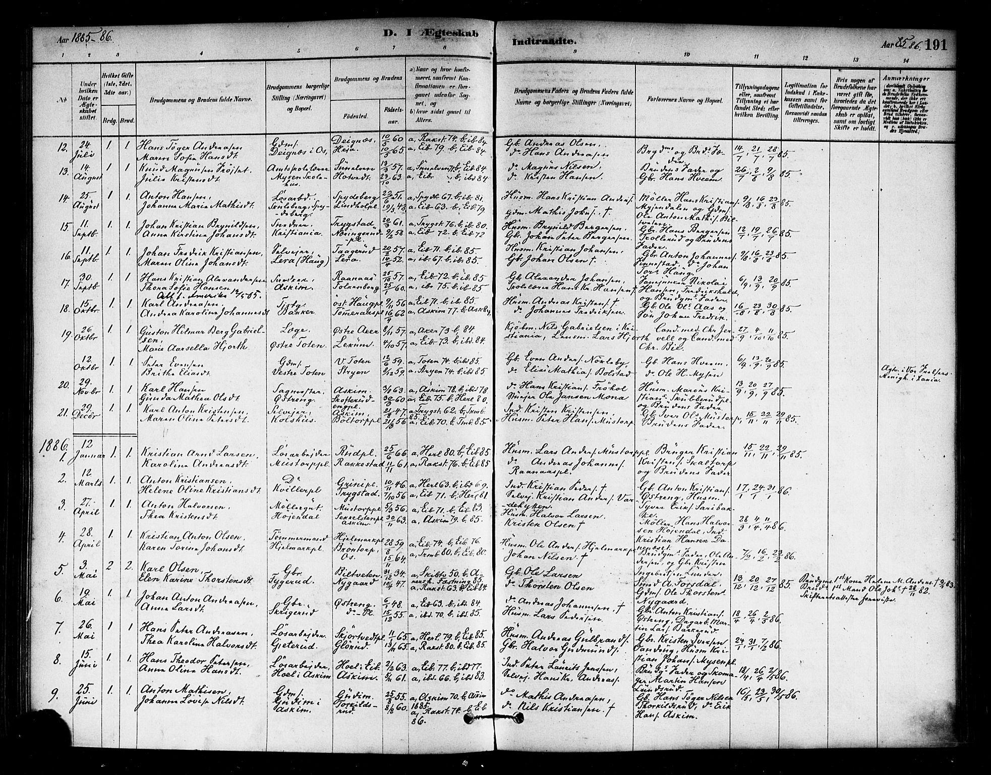 Eidsberg prestekontor Kirkebøker, SAO/A-10905/F/Fa/L0012: Parish register (official) no. I 12, 1879-1901, p. 191