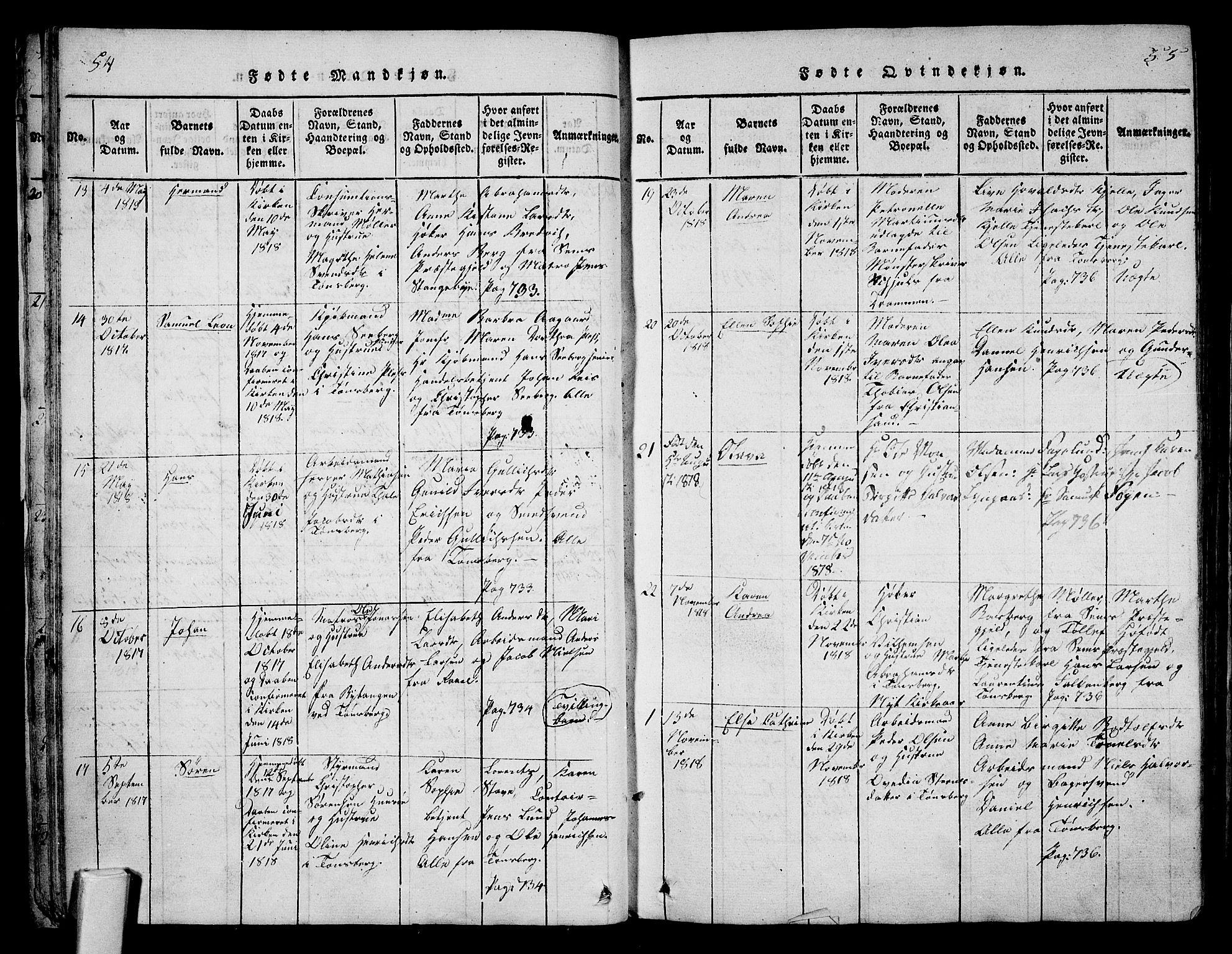 Tønsberg kirkebøker, AV/SAKO-A-330/F/Fa/L0004: Parish register (official) no. I 4, 1813-1826, p. 54-55