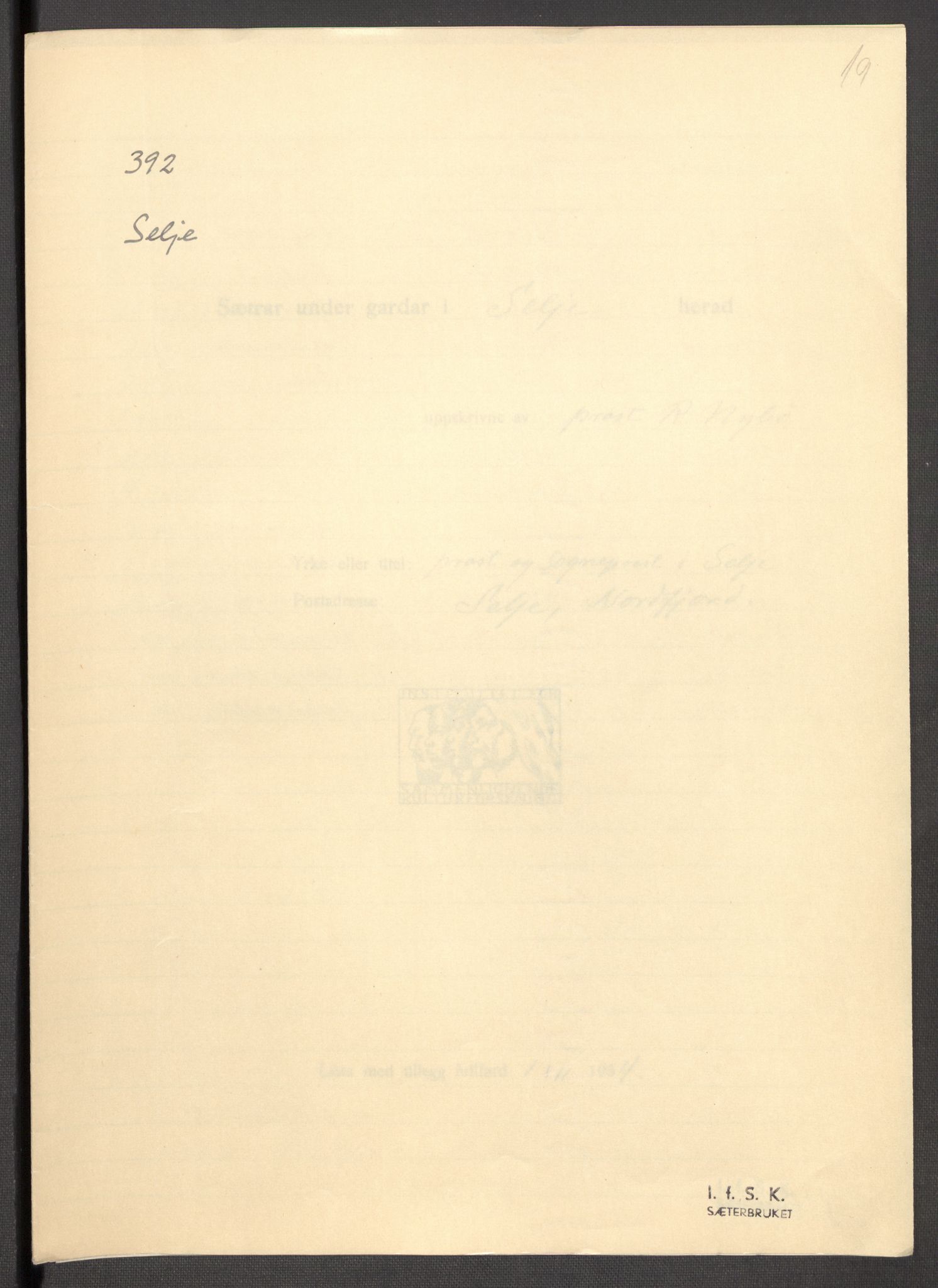 Instituttet for sammenlignende kulturforskning, RA/PA-0424/F/Fc/L0012/0001: Eske B12: / Sogn og Fjordane (perm XXXI), 1933-1937, p. 19