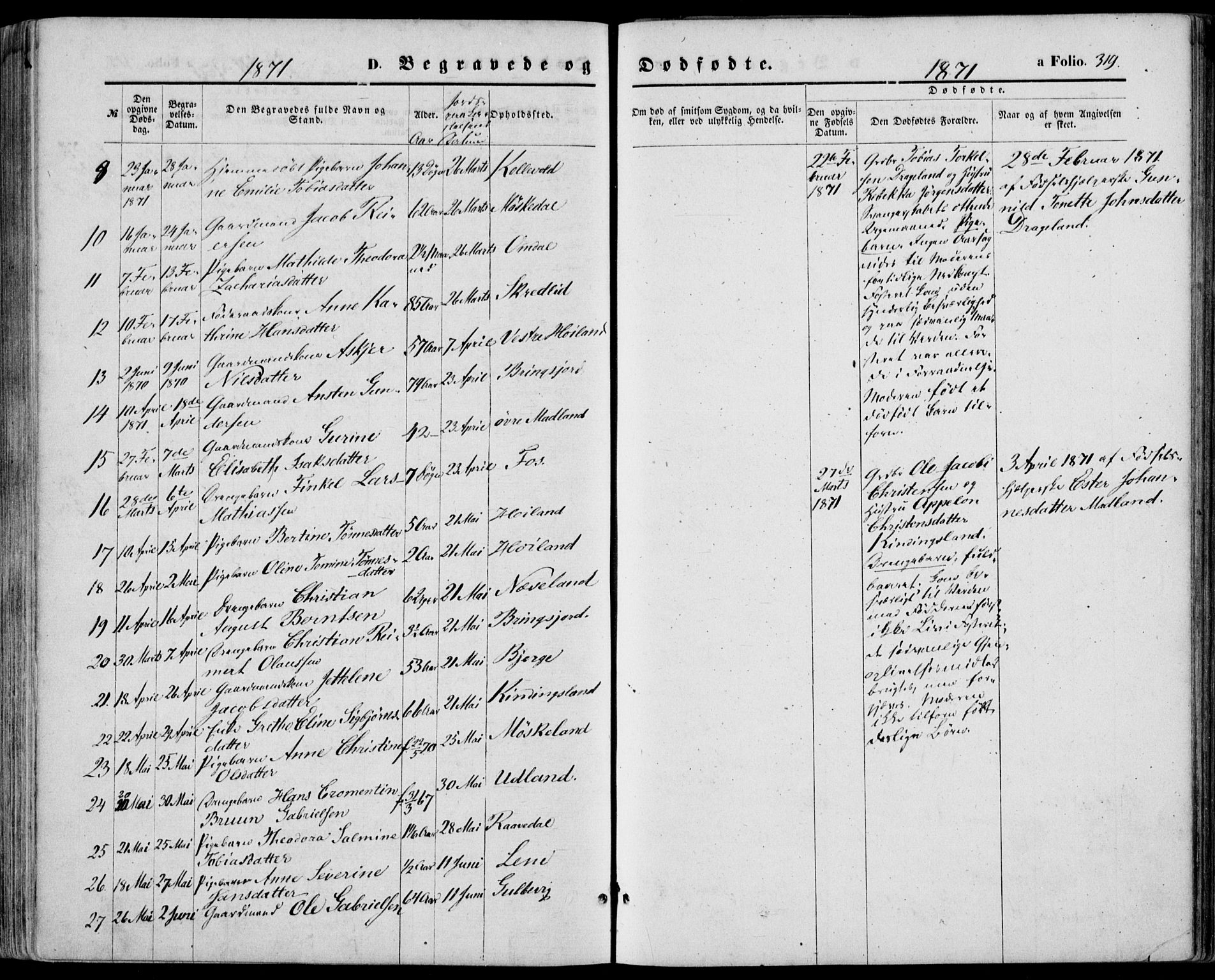 Lyngdal sokneprestkontor, SAK/1111-0029/F/Fa/Fac/L0010: Parish register (official) no. A 10, 1865-1878, p. 319