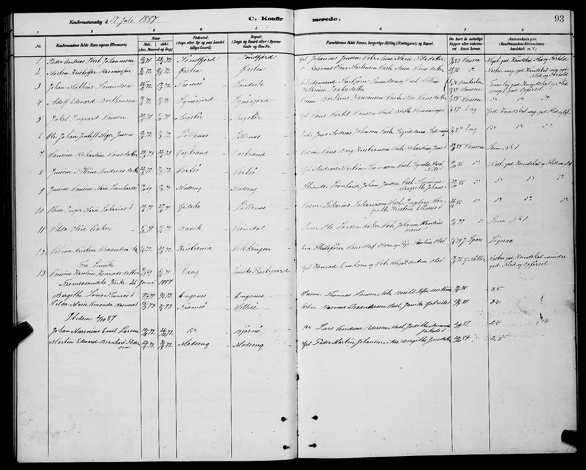 Lenvik sokneprestembete, SATØ/S-1310/H/Ha/Hab/L0021klokker: Parish register (copy) no. 21, 1884-1900, p. 93