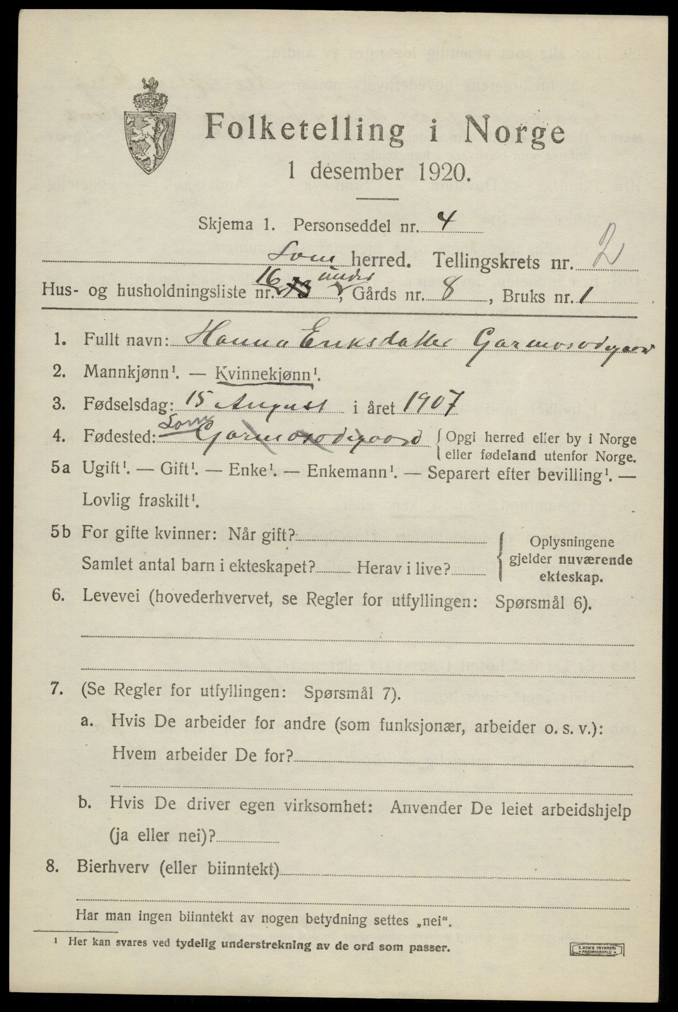 SAH, 1920 census for Lom, 1920, p. 1940