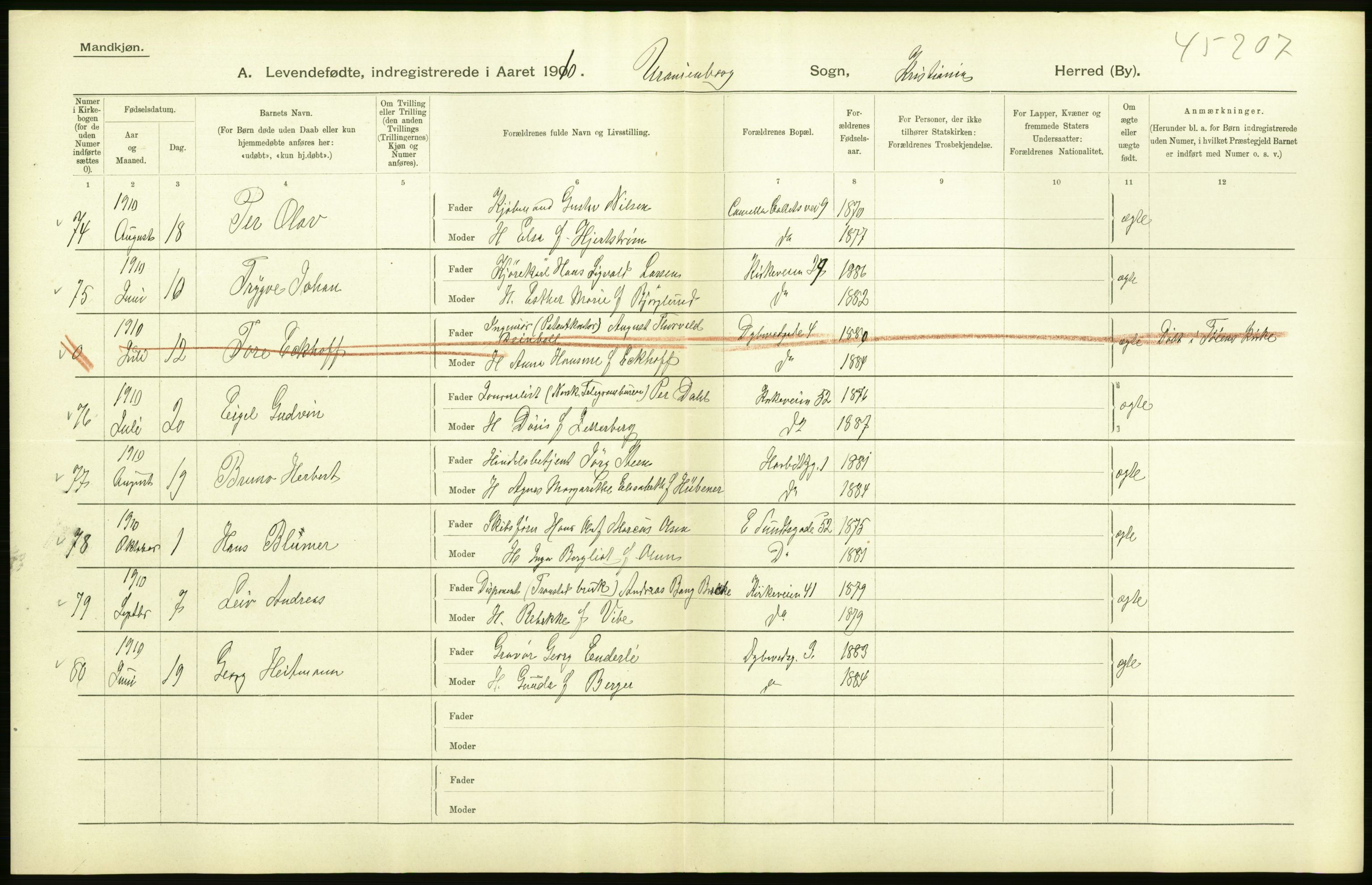 Statistisk sentralbyrå, Sosiodemografiske emner, Befolkning, RA/S-2228/D/Df/Dfa/Dfah/L0006: Kristiania: Levendefødte menn., 1910, p. 532