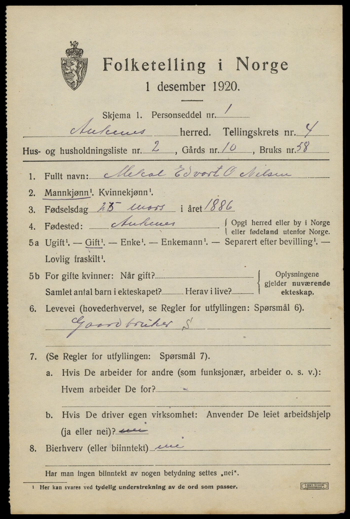 SAT, 1920 census for Ankenes, 1920, p. 2611