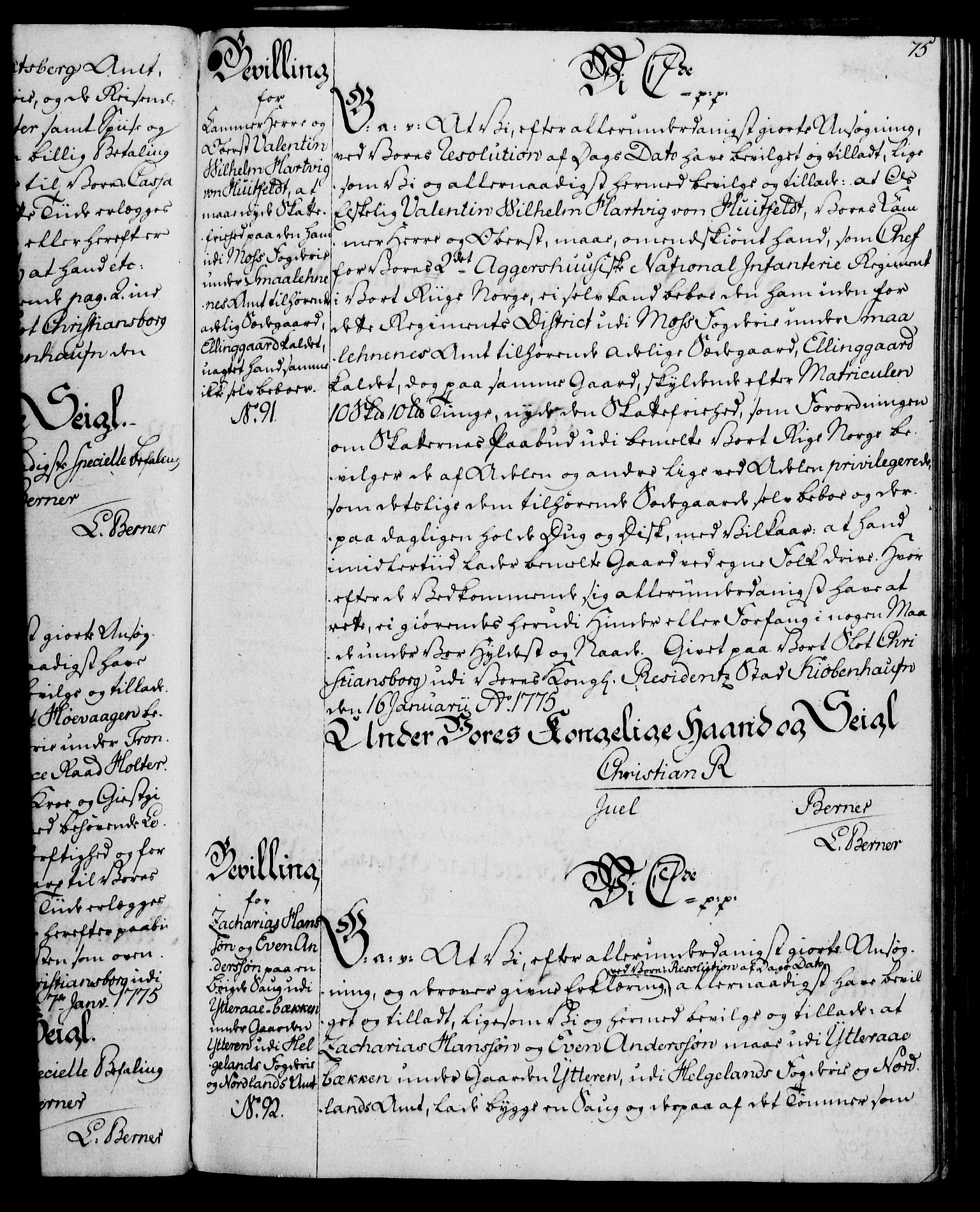 Rentekammeret, Kammerkanselliet, RA/EA-3111/G/Gg/Gga/L0010: Norsk ekspedisjonsprotokoll med register (merket RK 53.10), 1773-1778, p. 75