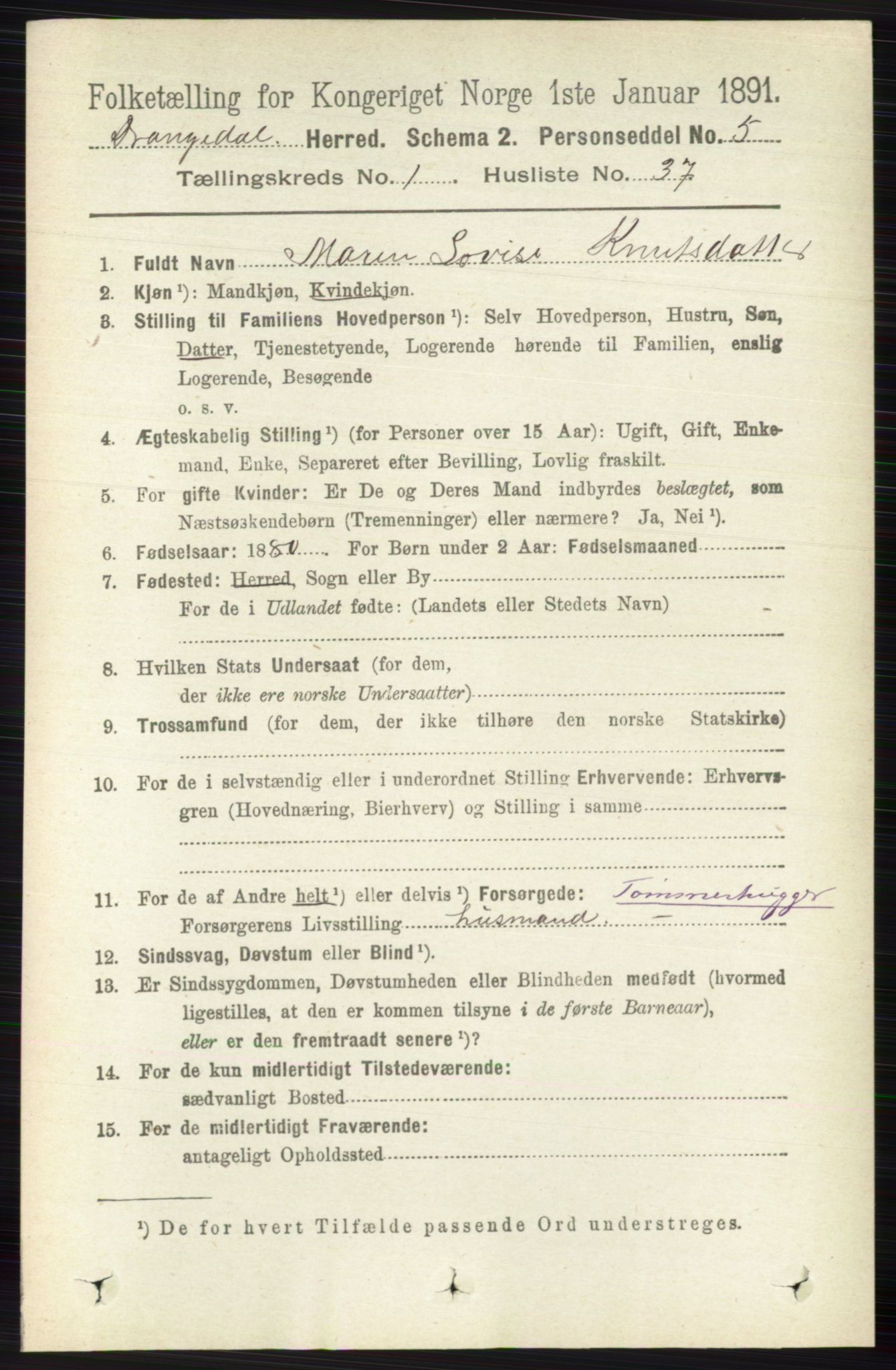RA, 1891 census for 0817 Drangedal, 1891, p. 308