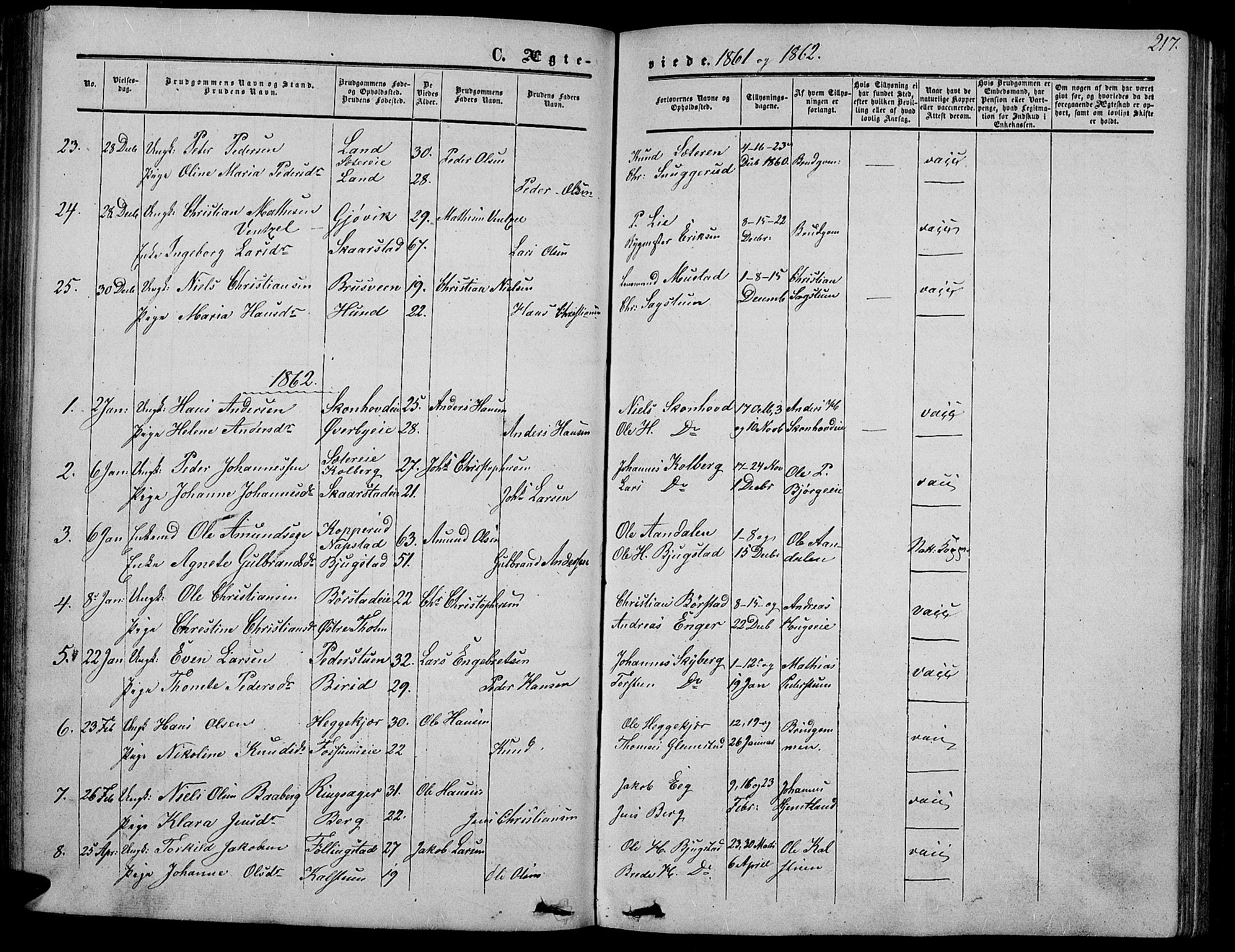 Vardal prestekontor, SAH/PREST-100/H/Ha/Hab/L0005: Parish register (copy) no. 5, 1854-1868, p. 217