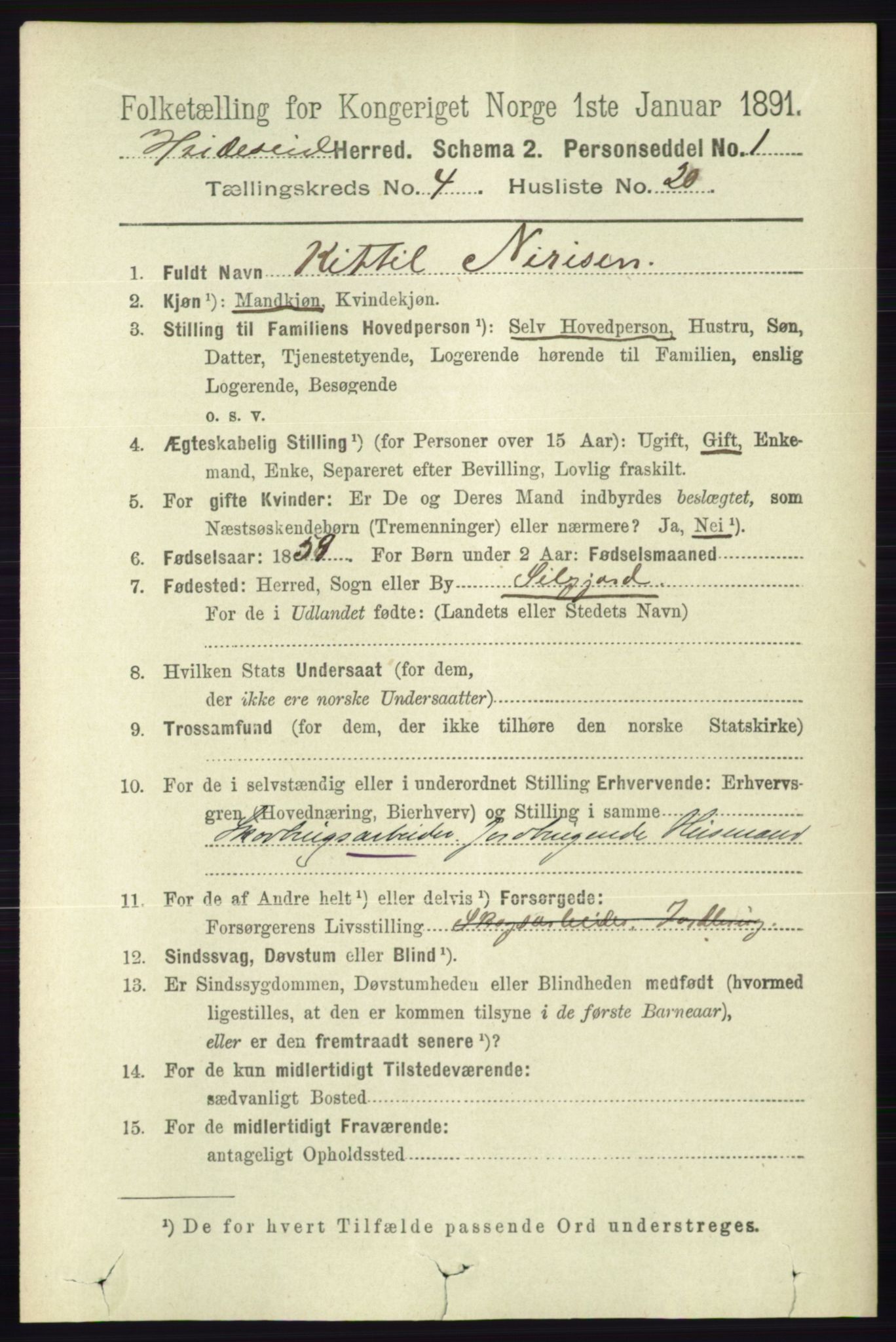 RA, 1891 census for 0829 Kviteseid, 1891, p. 854