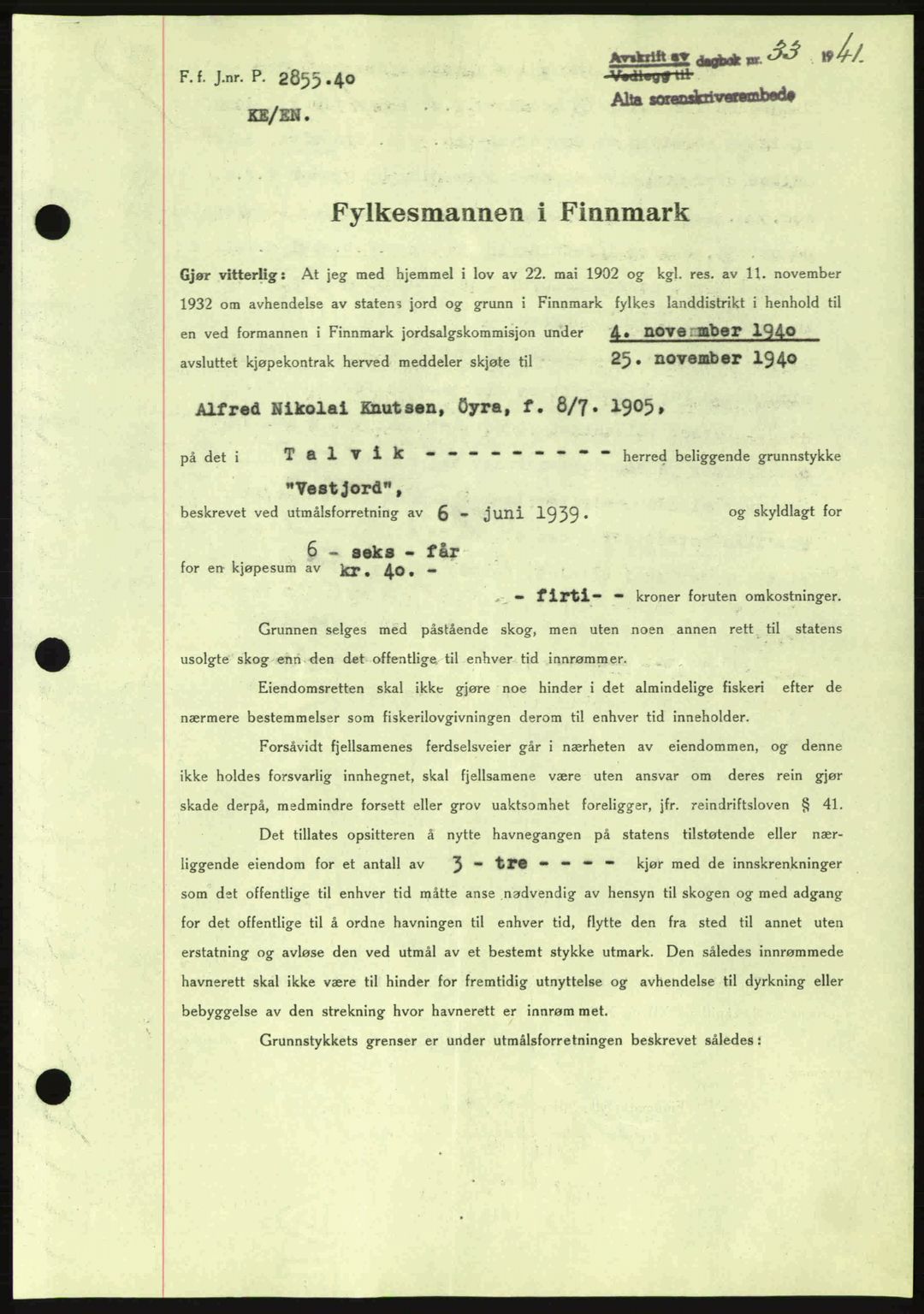 Alta fogderi/sorenskriveri, SATØ/SATØ-5/1/K/Kd/L0033pantebok: Mortgage book no. 33, 1940-1943, Diary no: : 33/1941