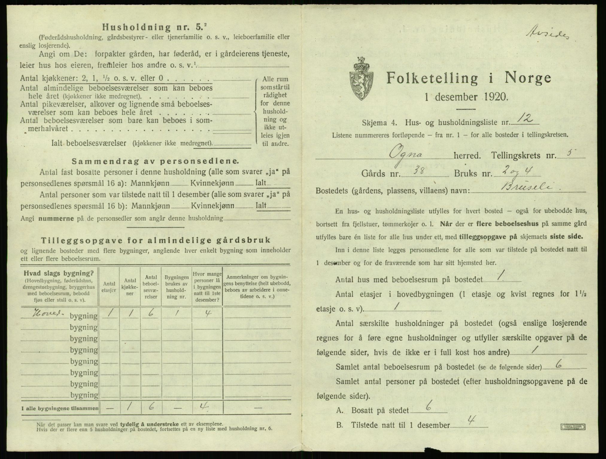 SAST, 1920 census for Ogna, 1920, p. 483