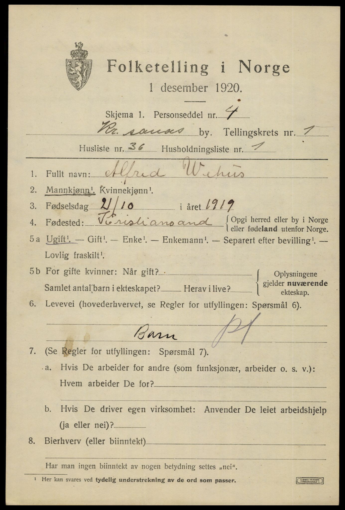 SAK, 1920 census for Kristiansand, 1920, p. 37953