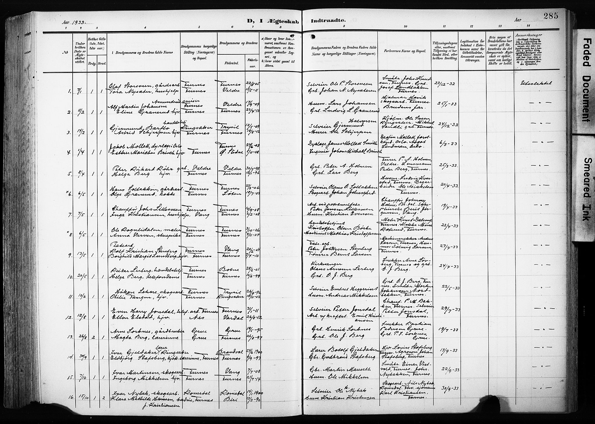 Furnes prestekontor, AV/SAH-PREST-012/L/La/L0001: Parish register (copy) no. 1, 1904-1933, p. 285