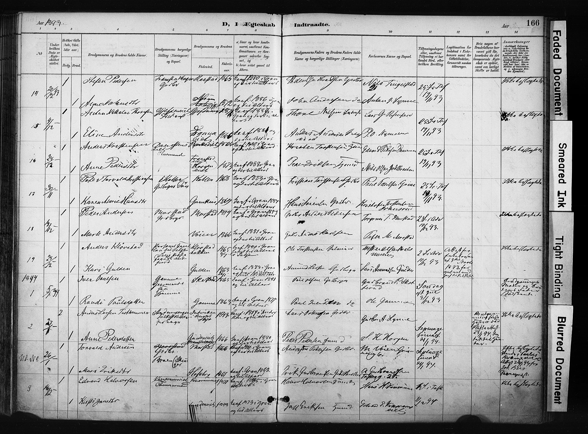 Gran prestekontor, SAH/PREST-112/H/Ha/Haa/L0017: Parish register (official) no. 17, 1889-1897, p. 166