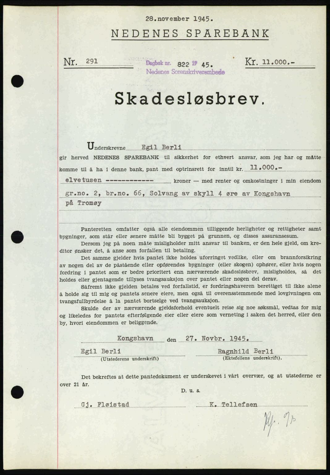 Nedenes sorenskriveri, AV/SAK-1221-0006/G/Gb/Gbb/L0003: Mortgage book no. B3a, 1945-1945, Diary no: : 822/1945