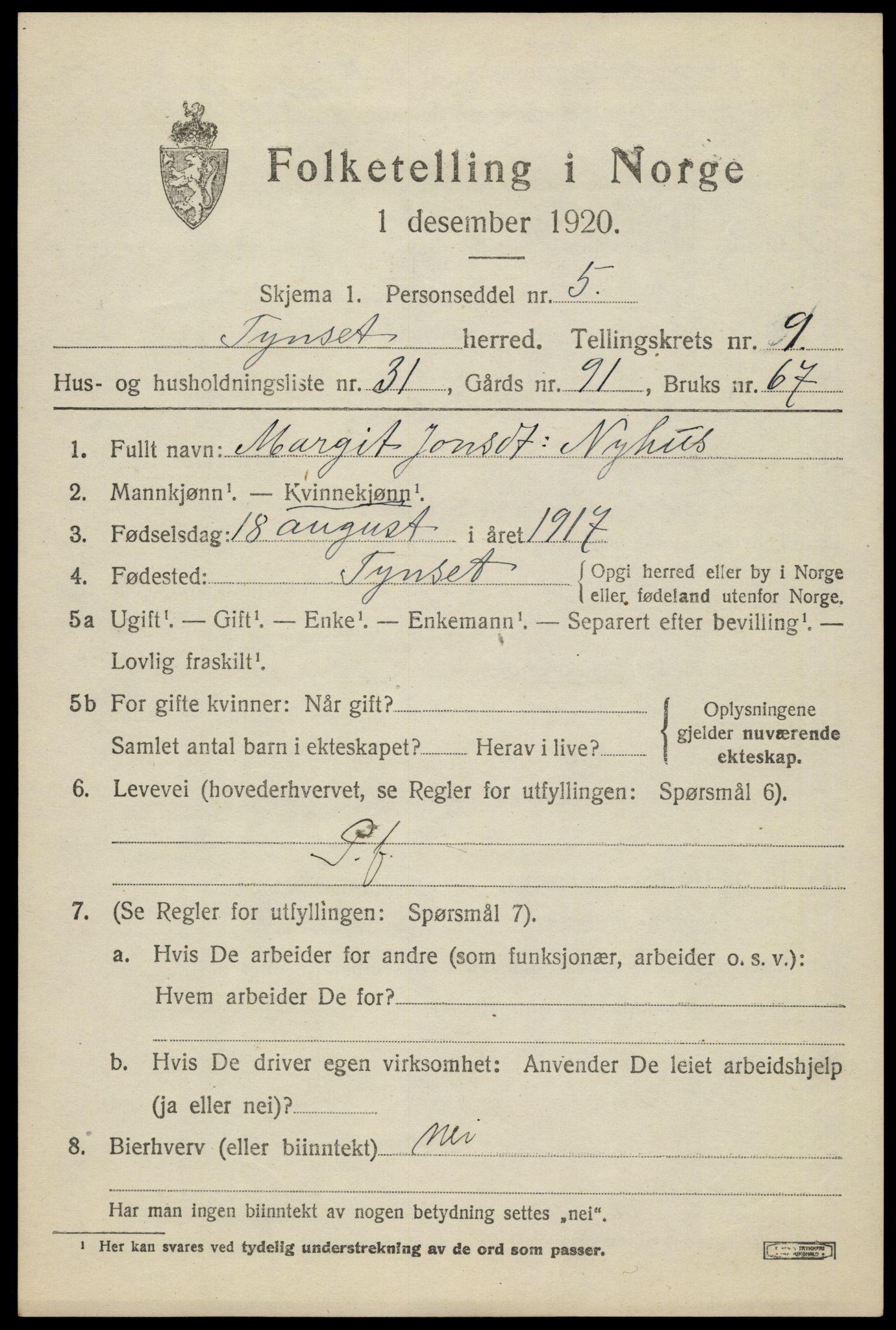 SAH, 1920 census for Tynset, 1920, p. 7512