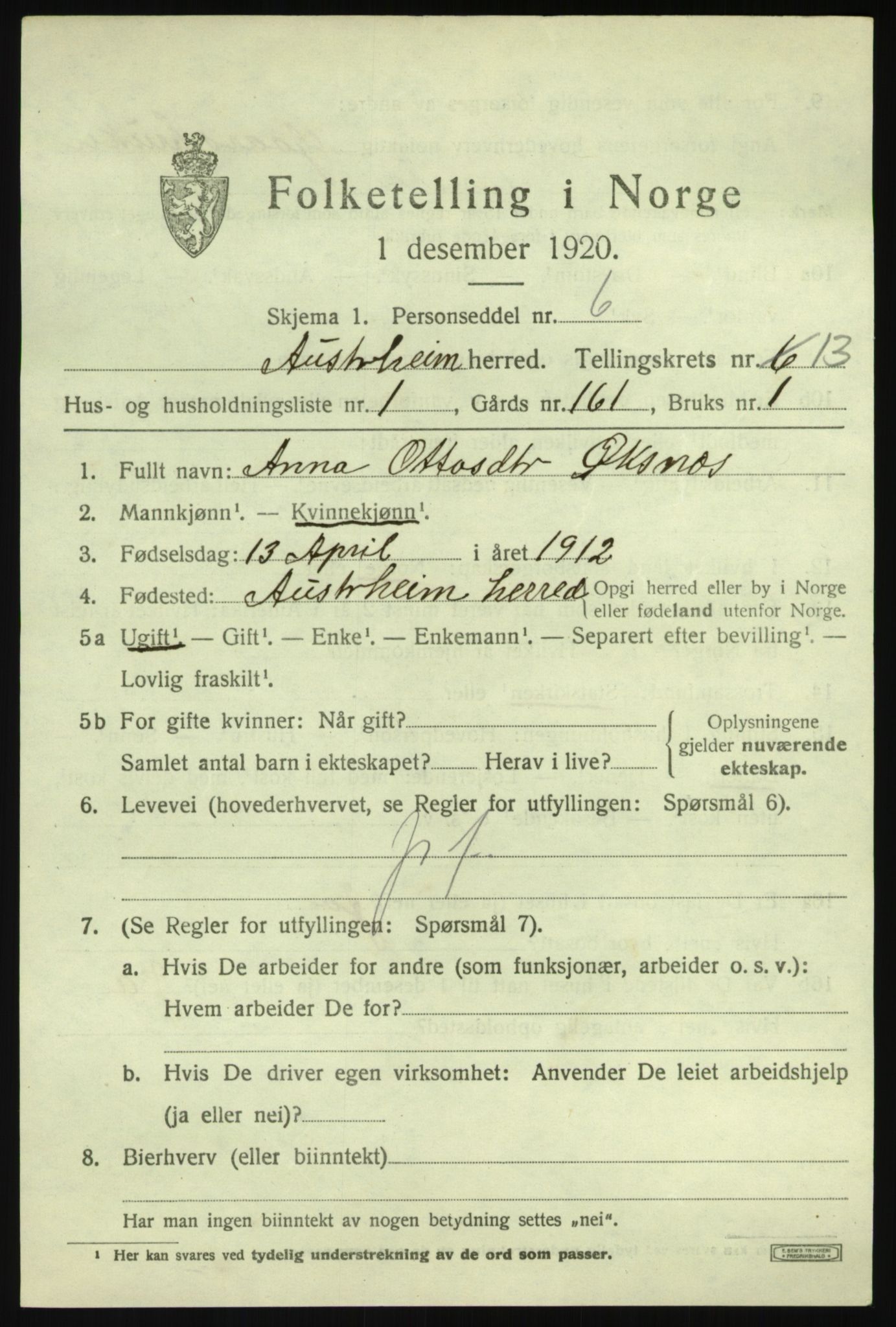 SAB, 1920 census for Austrheim, 1920, p. 4524