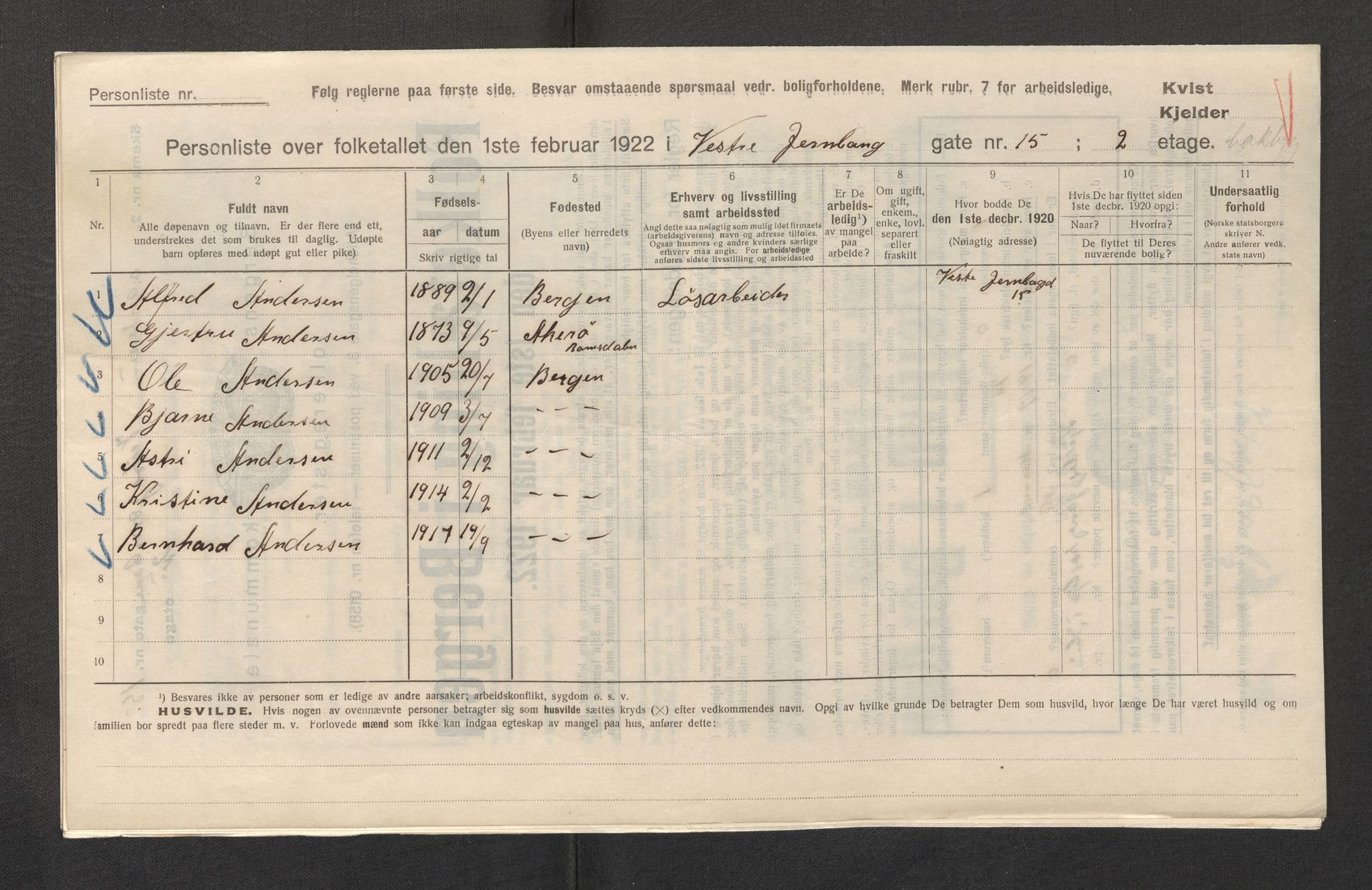 SAB, Municipal Census 1922 for Bergen, 1922, p. 15985