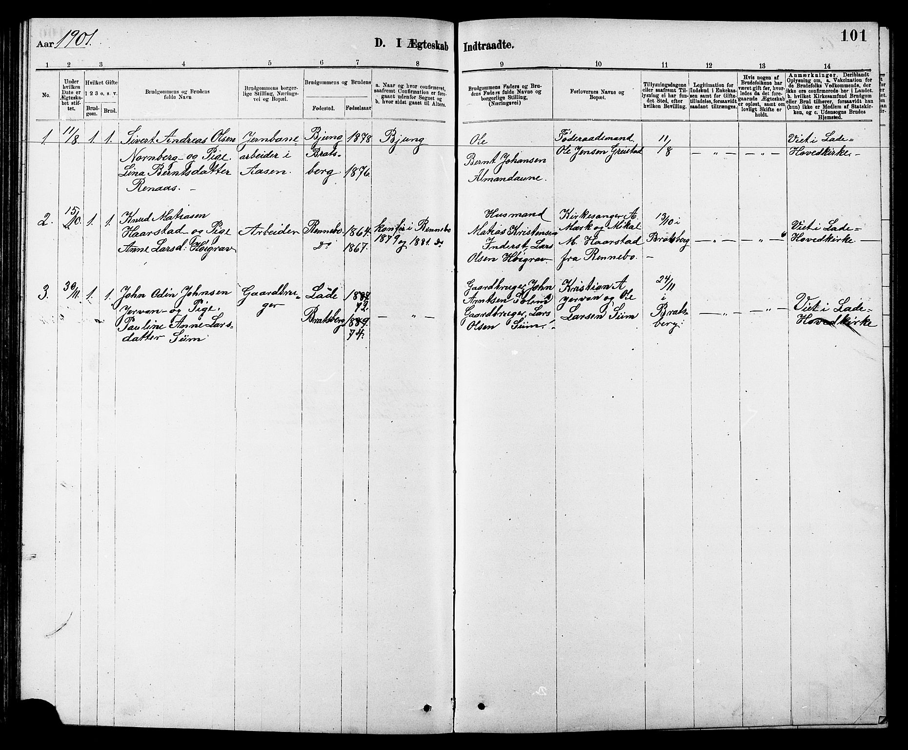 Ministerialprotokoller, klokkerbøker og fødselsregistre - Sør-Trøndelag, SAT/A-1456/608/L0341: Parish register (copy) no. 608C07, 1890-1912, p. 101