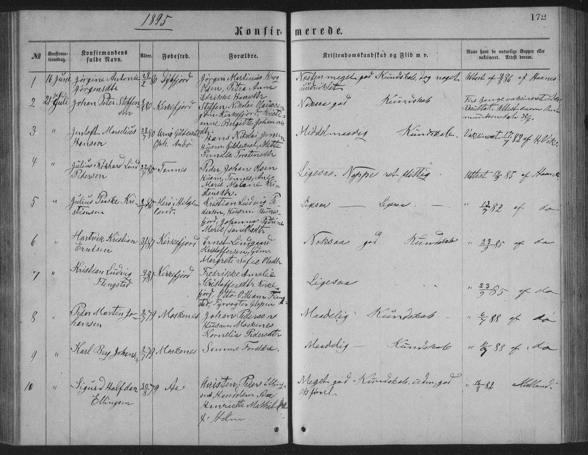 Ministerialprotokoller, klokkerbøker og fødselsregistre - Nordland, AV/SAT-A-1459/886/L1225: Parish register (copy) no. 886C02, 1874-1896, p. 172