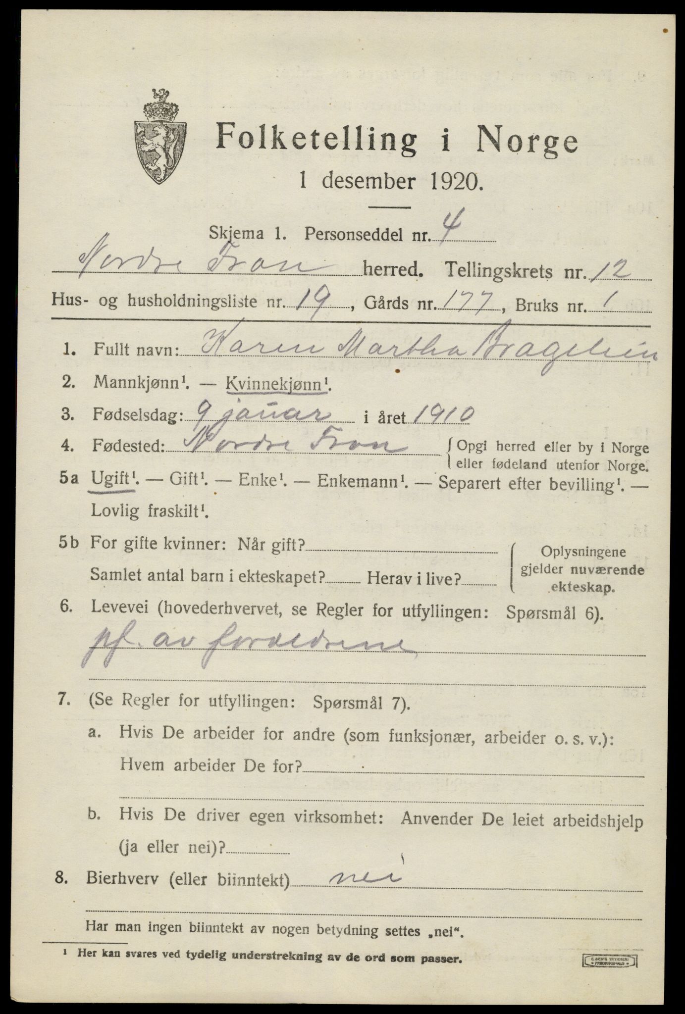 SAH, 1920 census for Nord-Fron, 1920, p. 10014