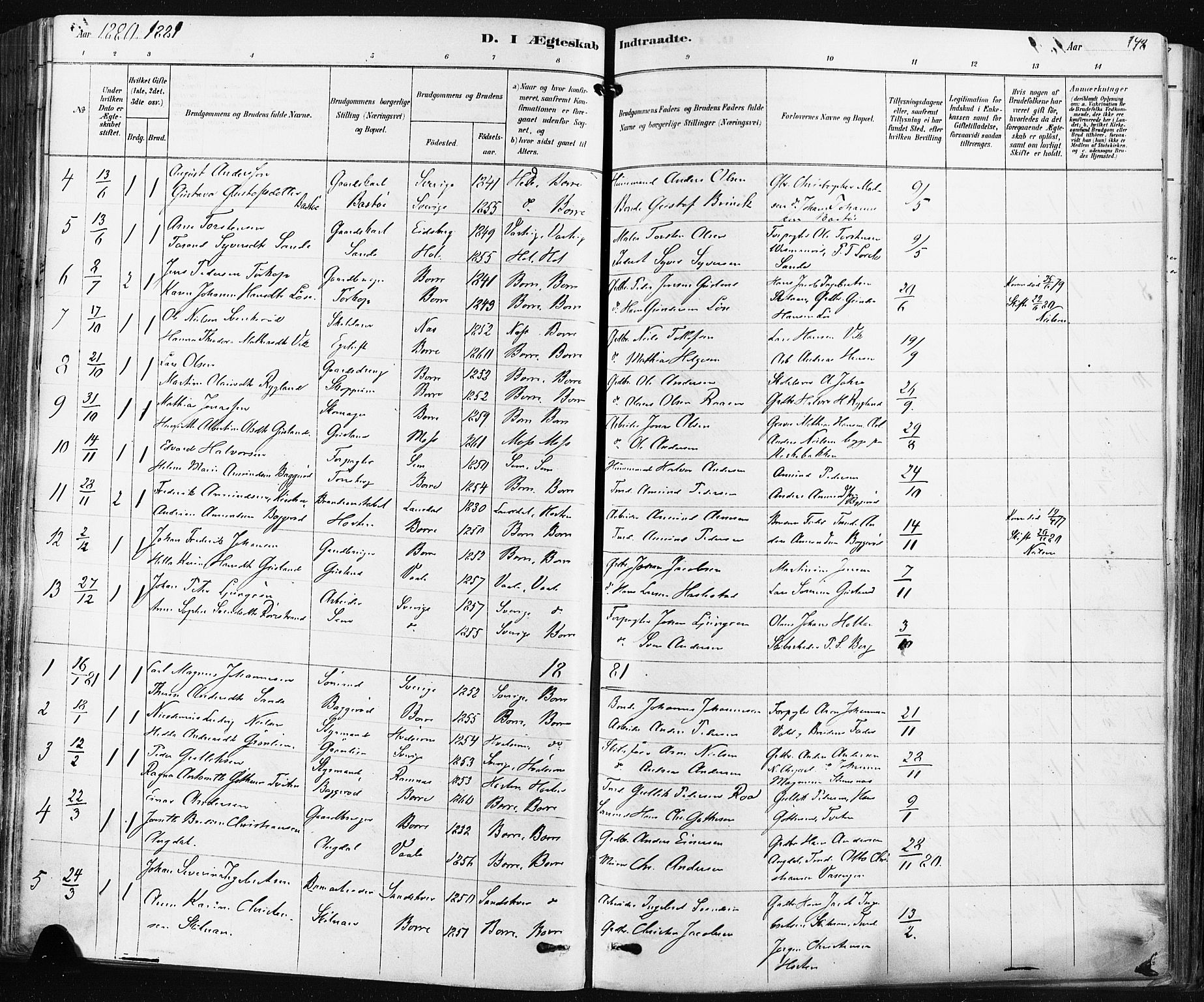Borre kirkebøker, SAKO/A-338/F/Fa/L0009: Parish register (official) no. I 9, 1878-1896, p. 148