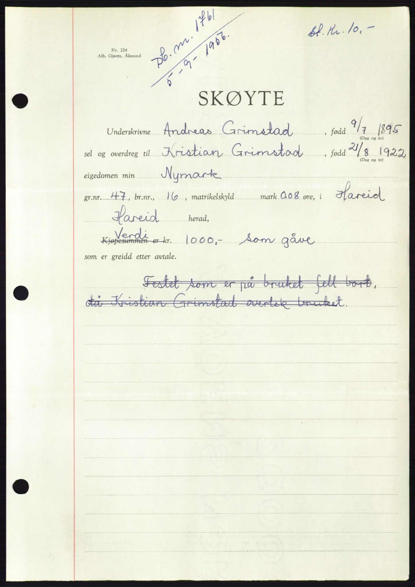 Søre Sunnmøre sorenskriveri, AV/SAT-A-4122/1/2/2C/L0104: Mortgage book no. 30A, 1956-1956, Diary no: : 1761/1956