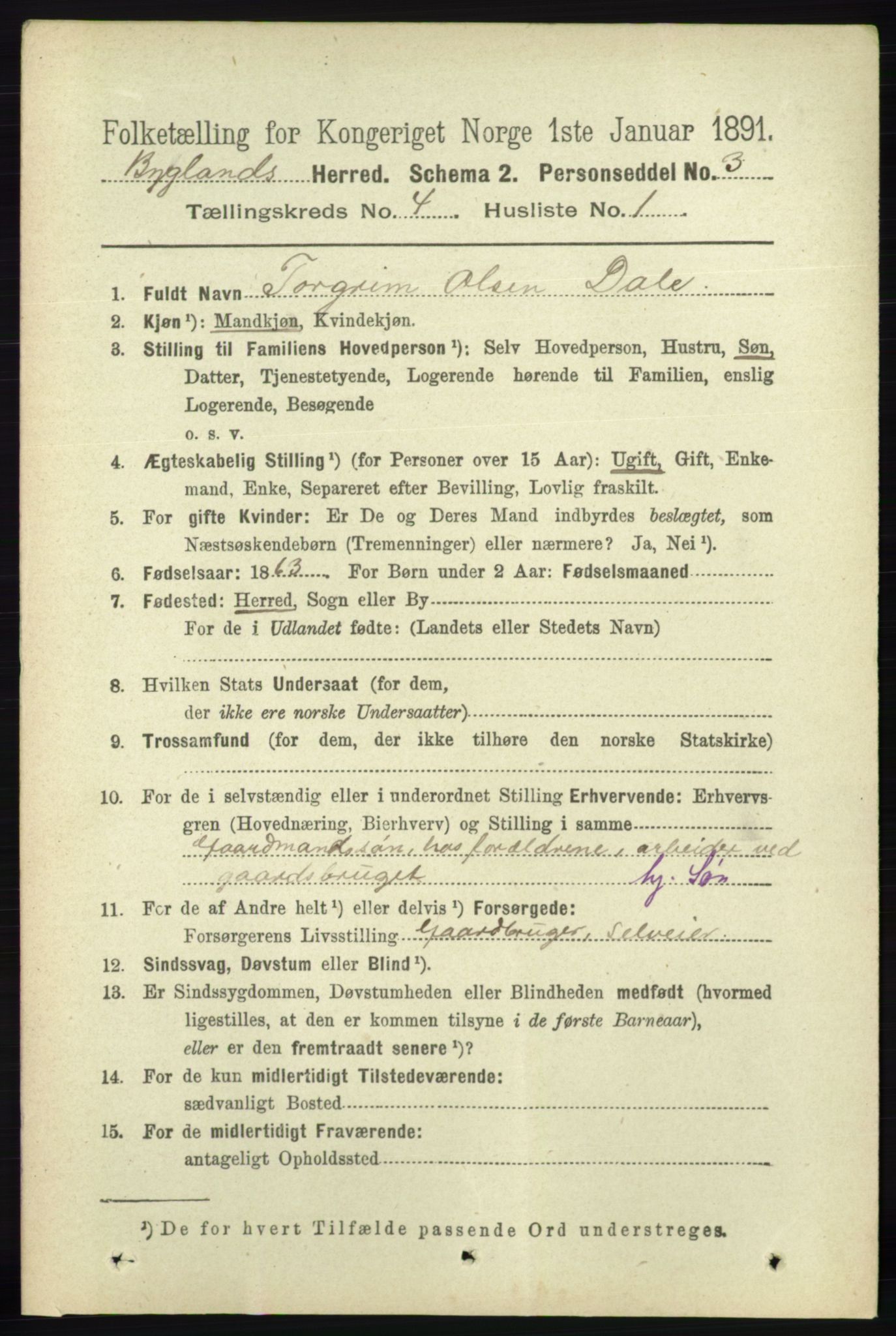 RA, 1891 census for 0938 Bygland, 1891, p. 854