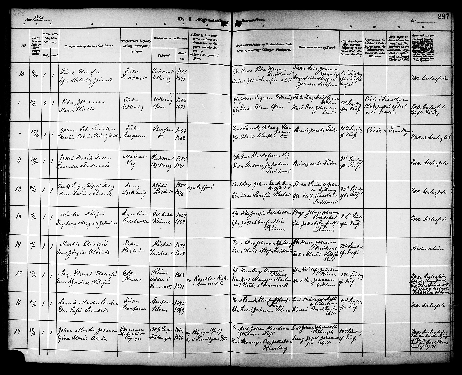 Ministerialprotokoller, klokkerbøker og fødselsregistre - Sør-Trøndelag, SAT/A-1456/659/L0746: Parish register (copy) no. 659C03, 1893-1912, p. 287