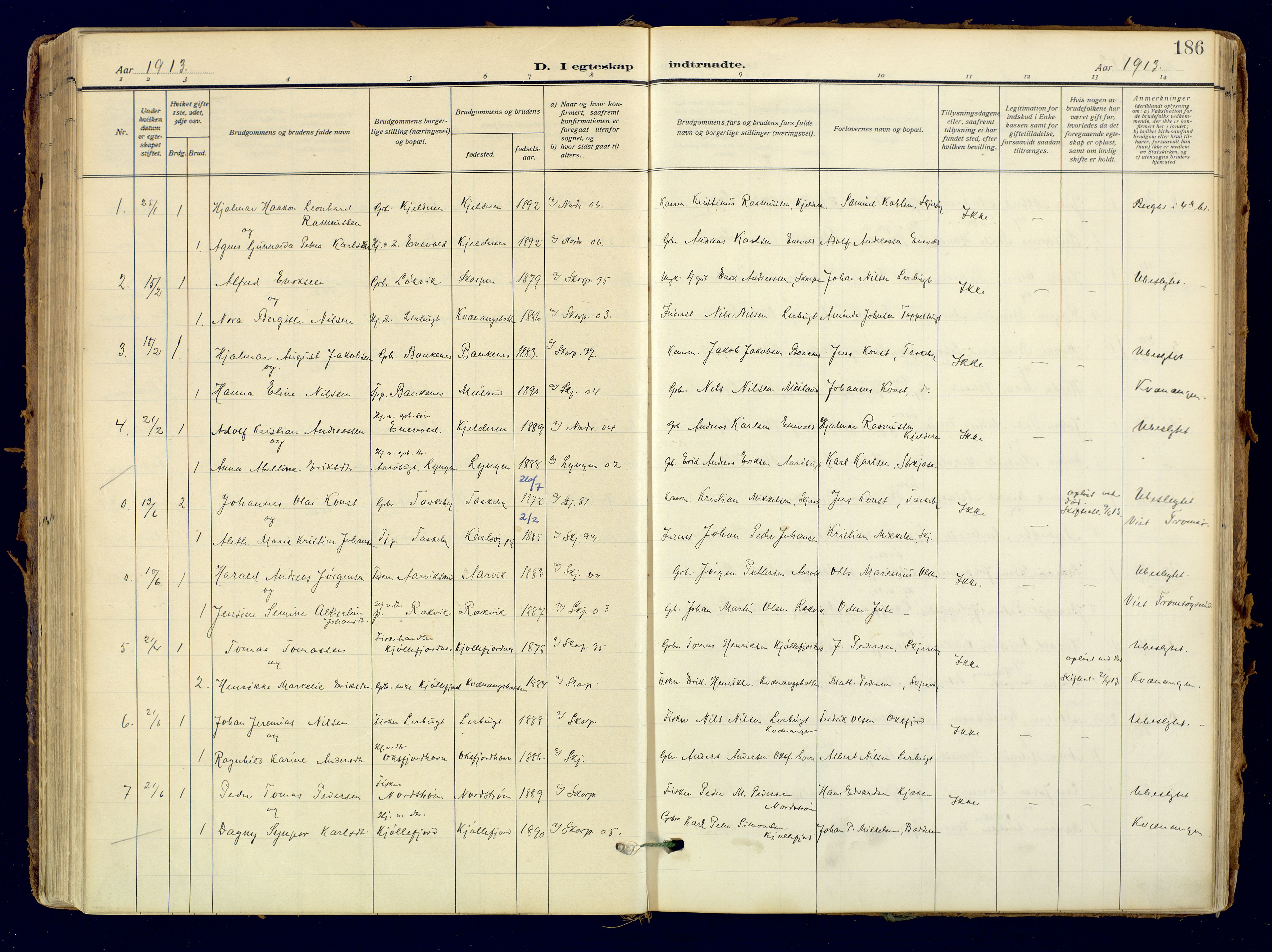 Skjervøy sokneprestkontor, AV/SATØ-S-1300/H/Ha/Haa: Parish register (official) no. 18, 1910-1926, p. 186