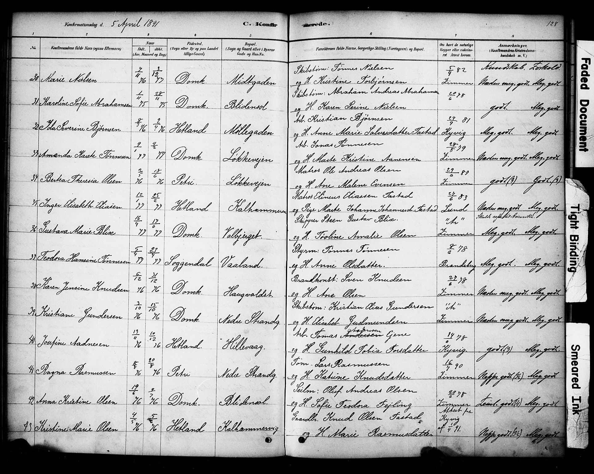 Domkirken sokneprestkontor, AV/SAST-A-101812/001/30/30BA/L0028: Parish register (official) no. A 27, 1878-1896, p. 128