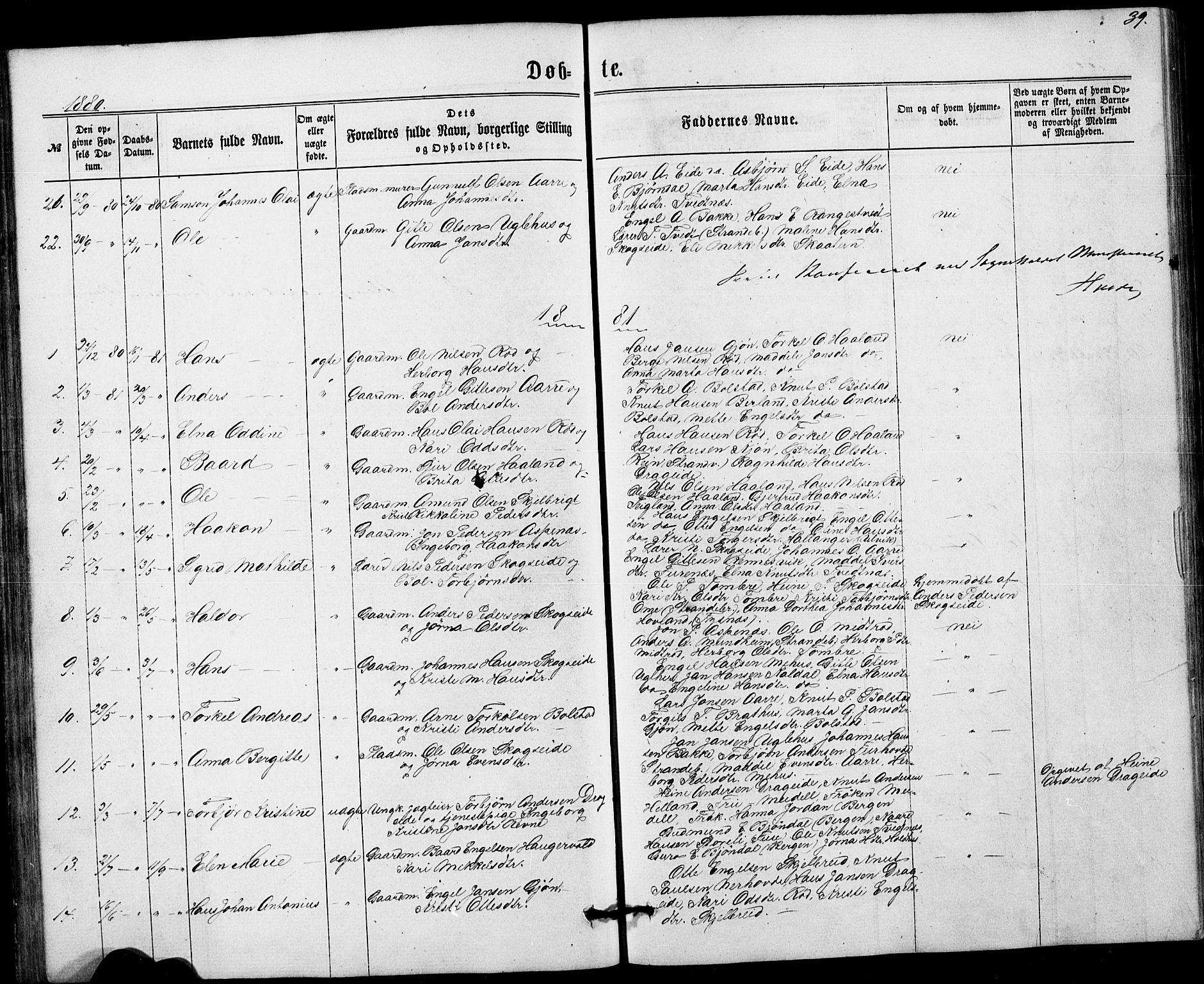 Fusa sokneprestembete, SAB/A-75401/H/Hab: Parish register (copy) no. B 1, 1861-1896, p. 39