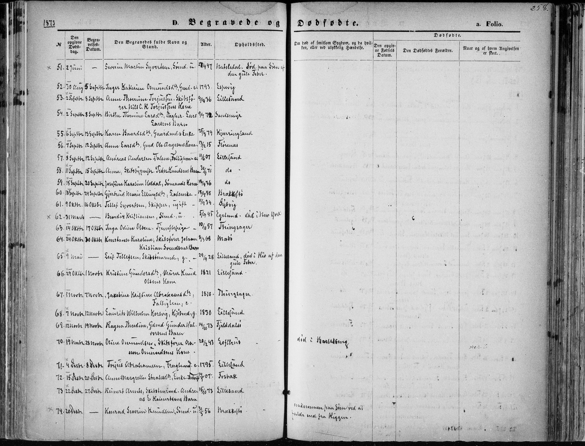 Vestre Moland sokneprestkontor, AV/SAK-1111-0046/F/Fa/Fab/L0008: Parish register (official) no. A 8, 1873-1883, p. 258